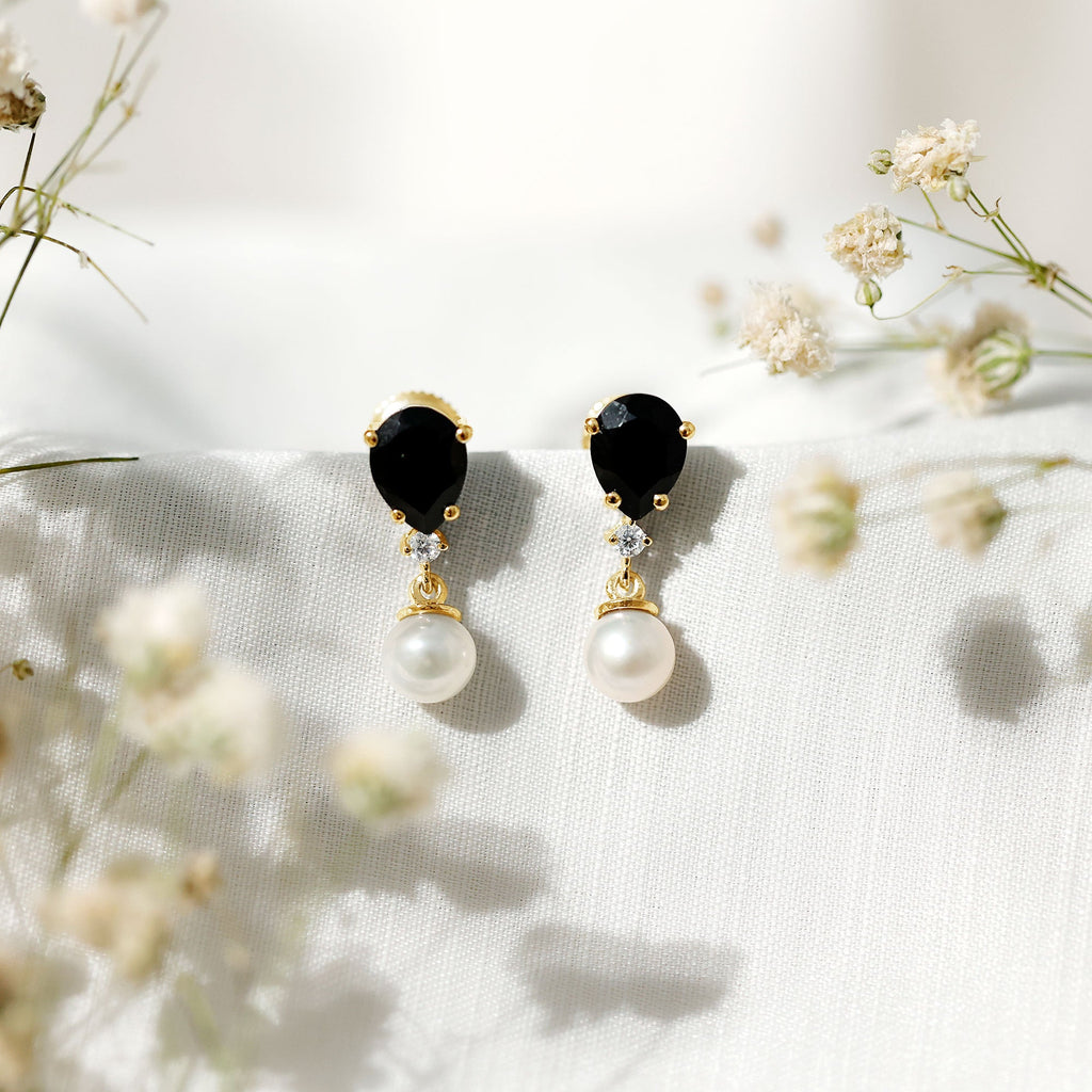 5.75 CT Freshwater Pearl Drop Earrings with Black Onyx and Moissanite