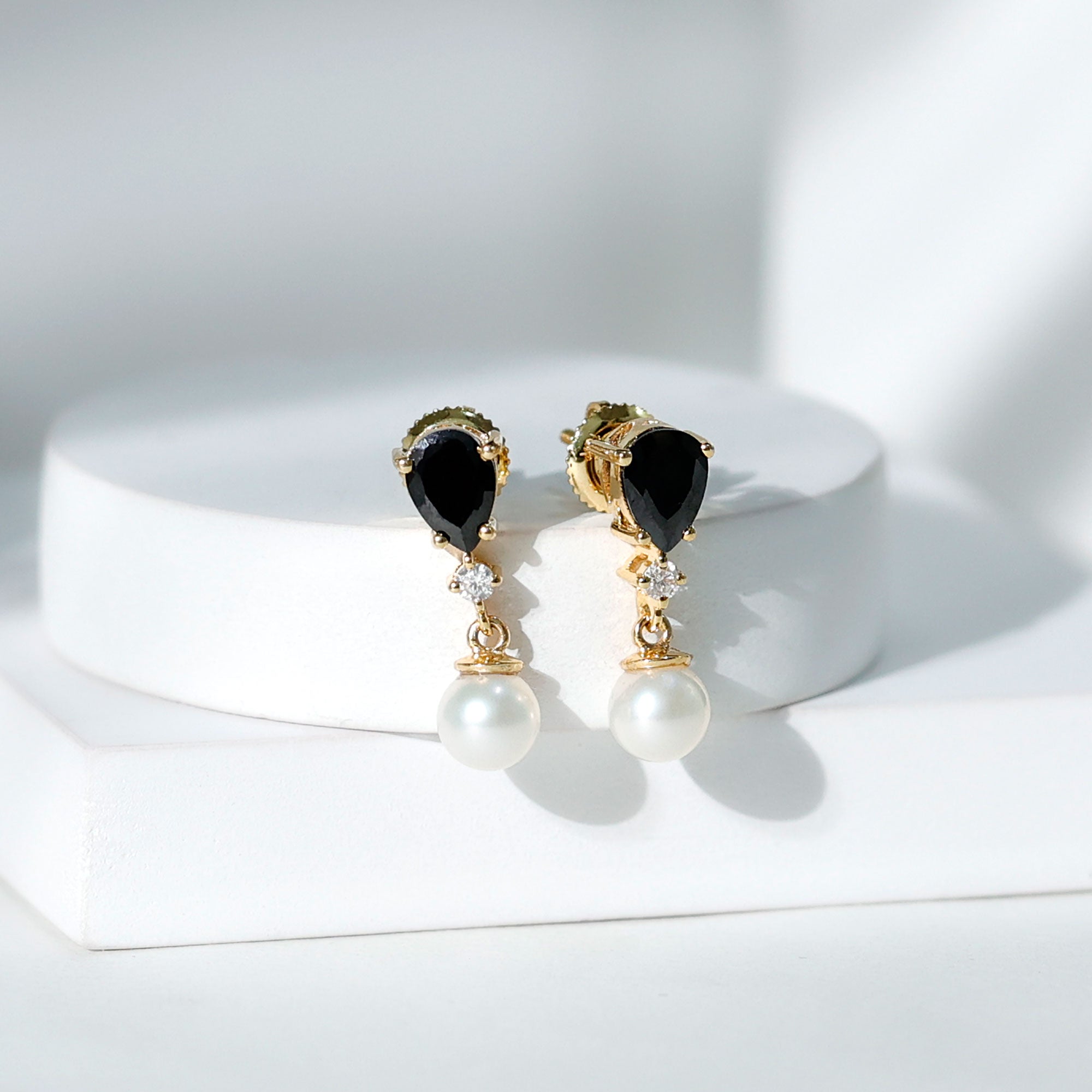 5.75 CT Freshwater Pearl Drop Earrings with Black Onyx and Moissanite