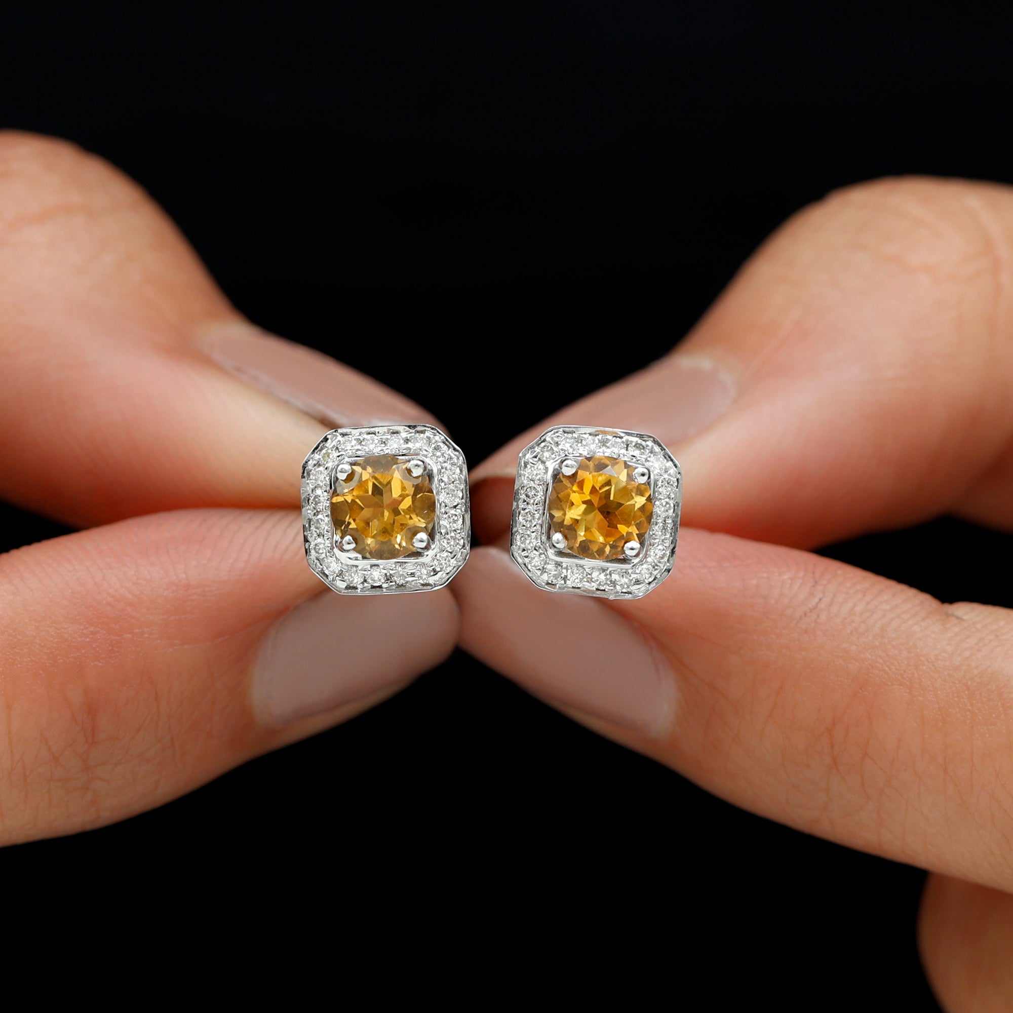 Vintage Inspired 1 Carat Citrine and Diamond Halo Stud Earrings