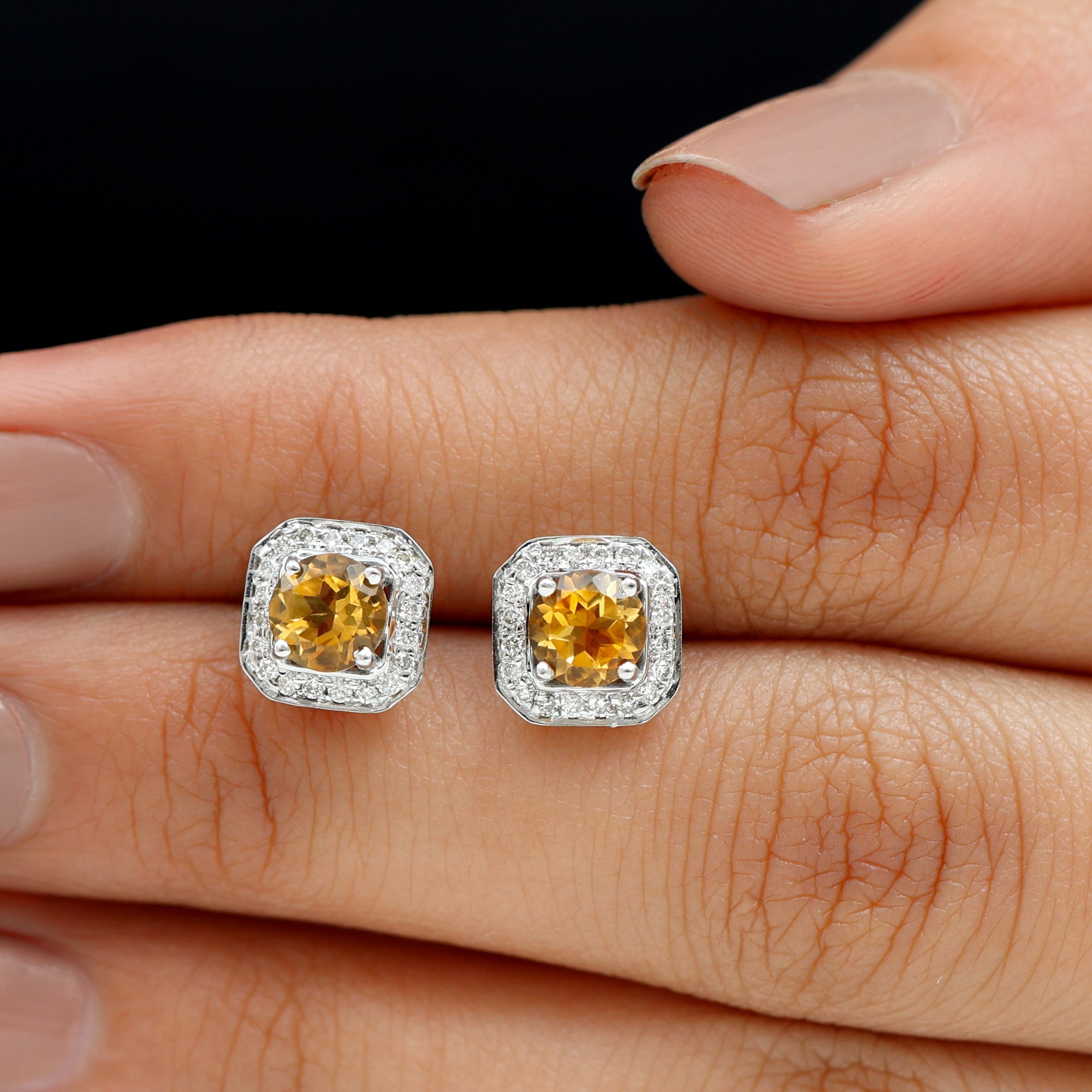 Vintage Inspired 1 Carat Citrine and Diamond Halo Stud Earrings
