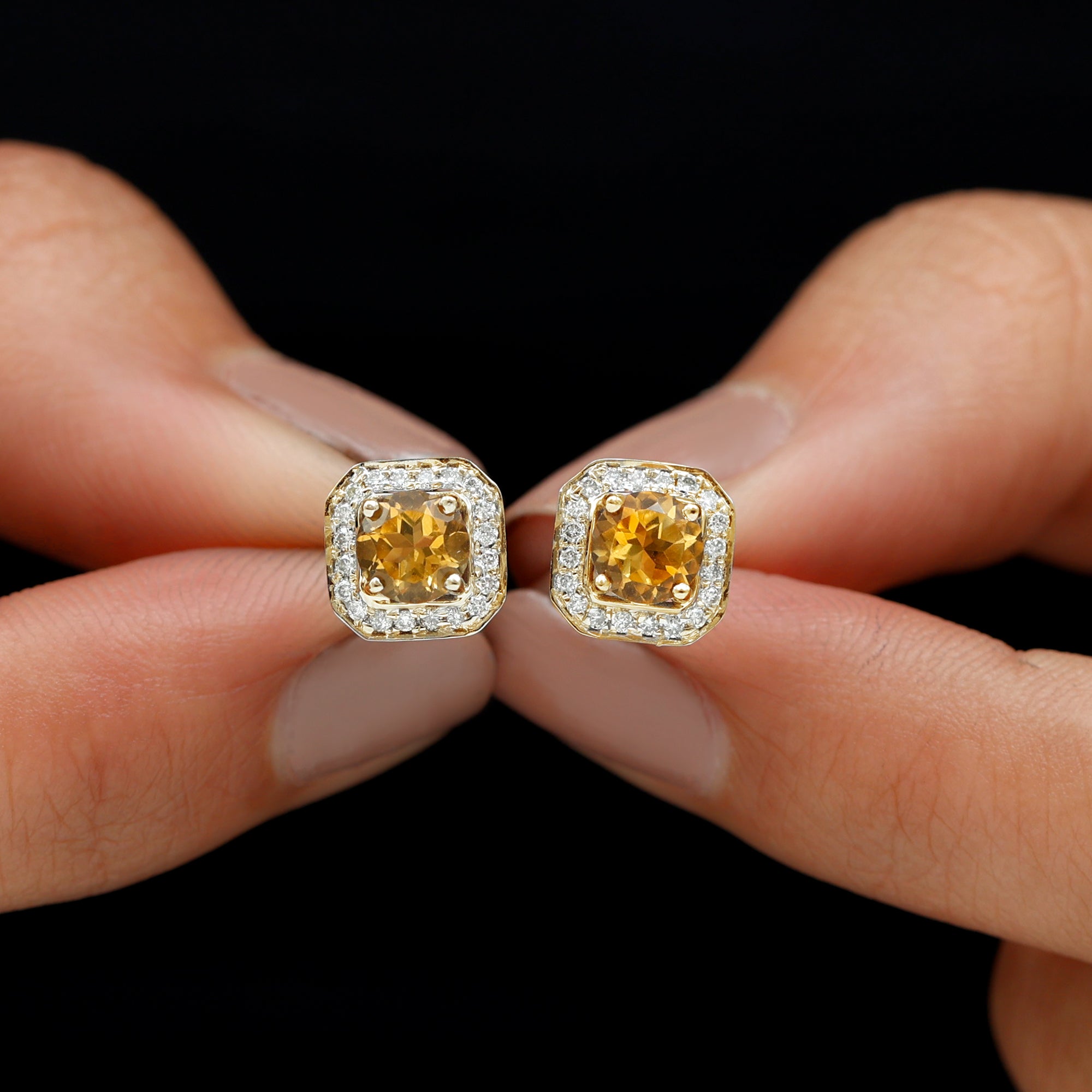 Vintage Inspired 1 Carat Citrine and Diamond Halo Stud Earrings