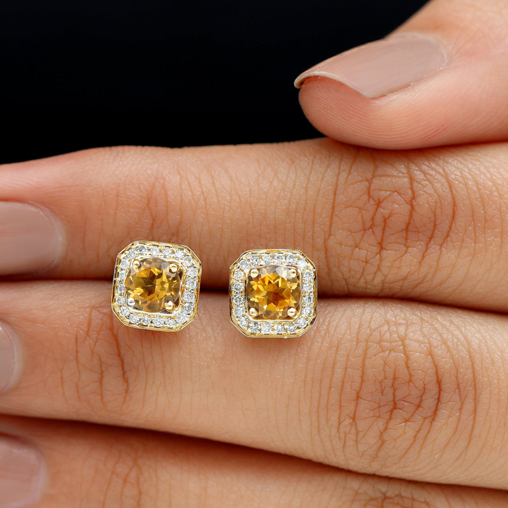 Vintage Inspired 1 Carat Citrine and Diamond Halo Stud Earrings