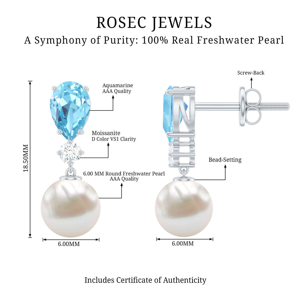 Handpicked Pearl Drop Earrings with Aquamarine and Moissanite