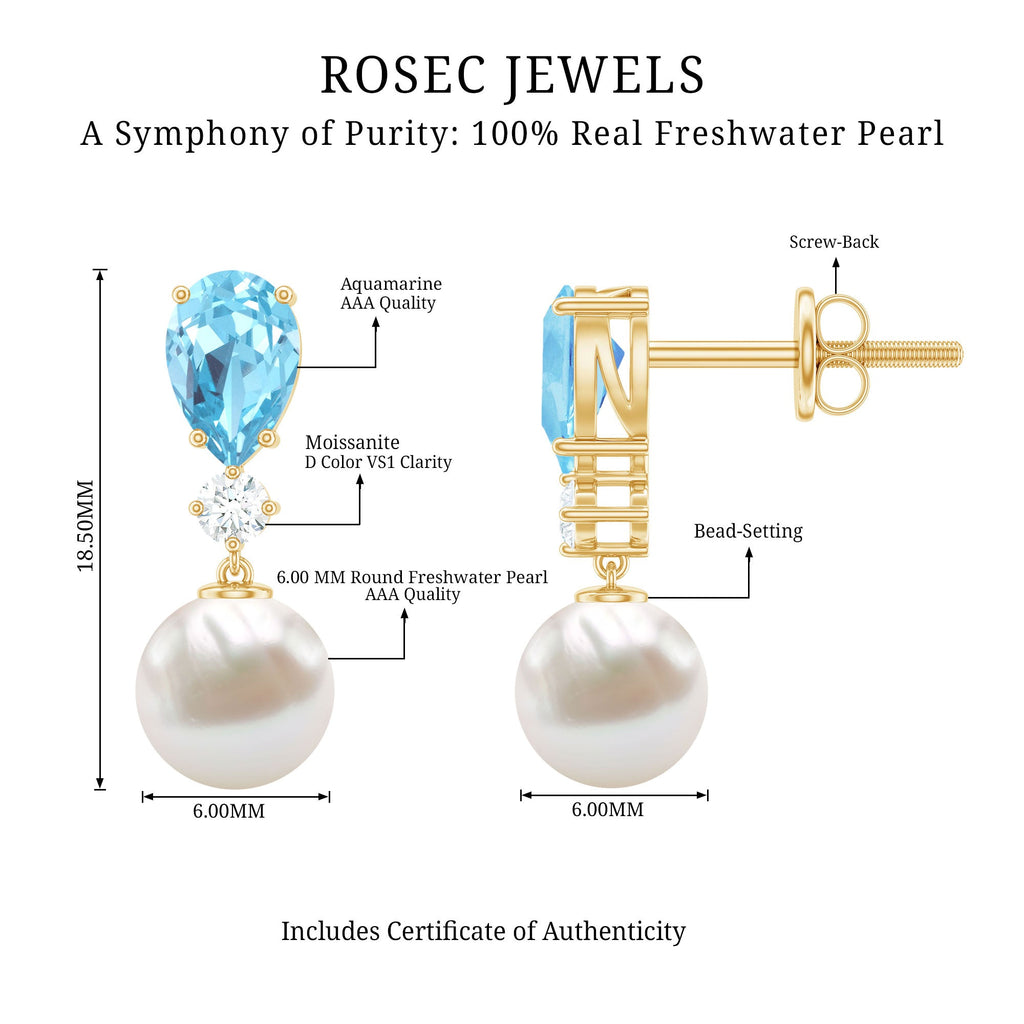 Handpicked Pearl Drop Earrings with Aquamarine and Moissanite