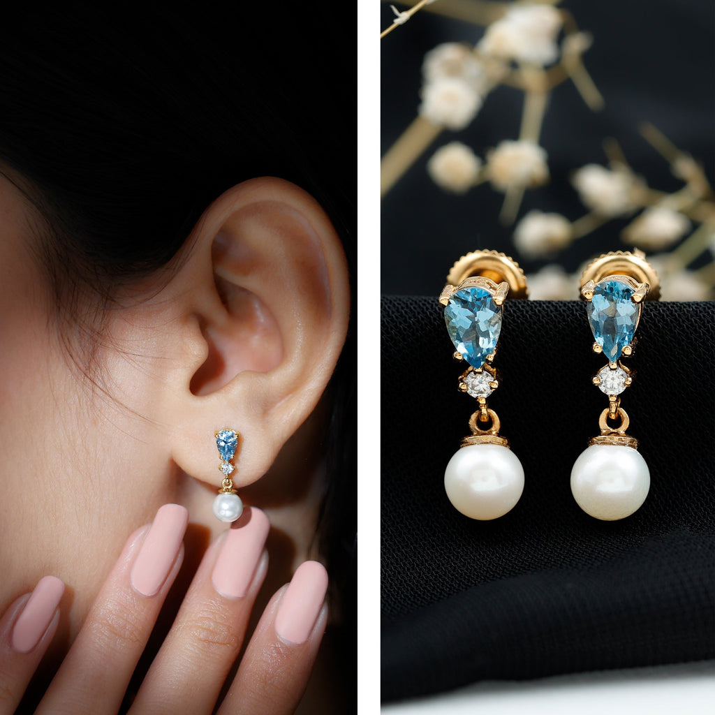 Handpicked Pearl Drop Earrings with Aquamarine and Moissanite