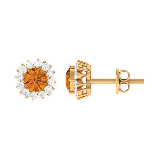 1 CT Classic Yellow Citrine and Diamond Halo Stud Earrings
