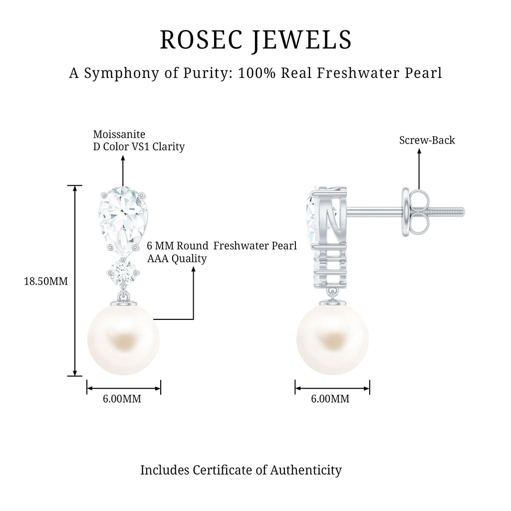 Moissanite and Freshwater Pearl Dangle Drop Earrings