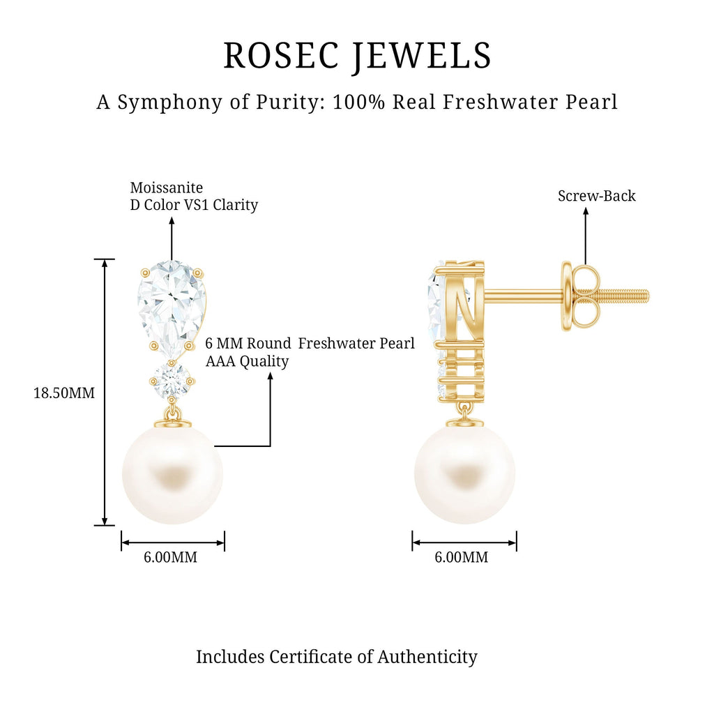 Moissanite and Freshwater Pearl Dangle Drop Earrings