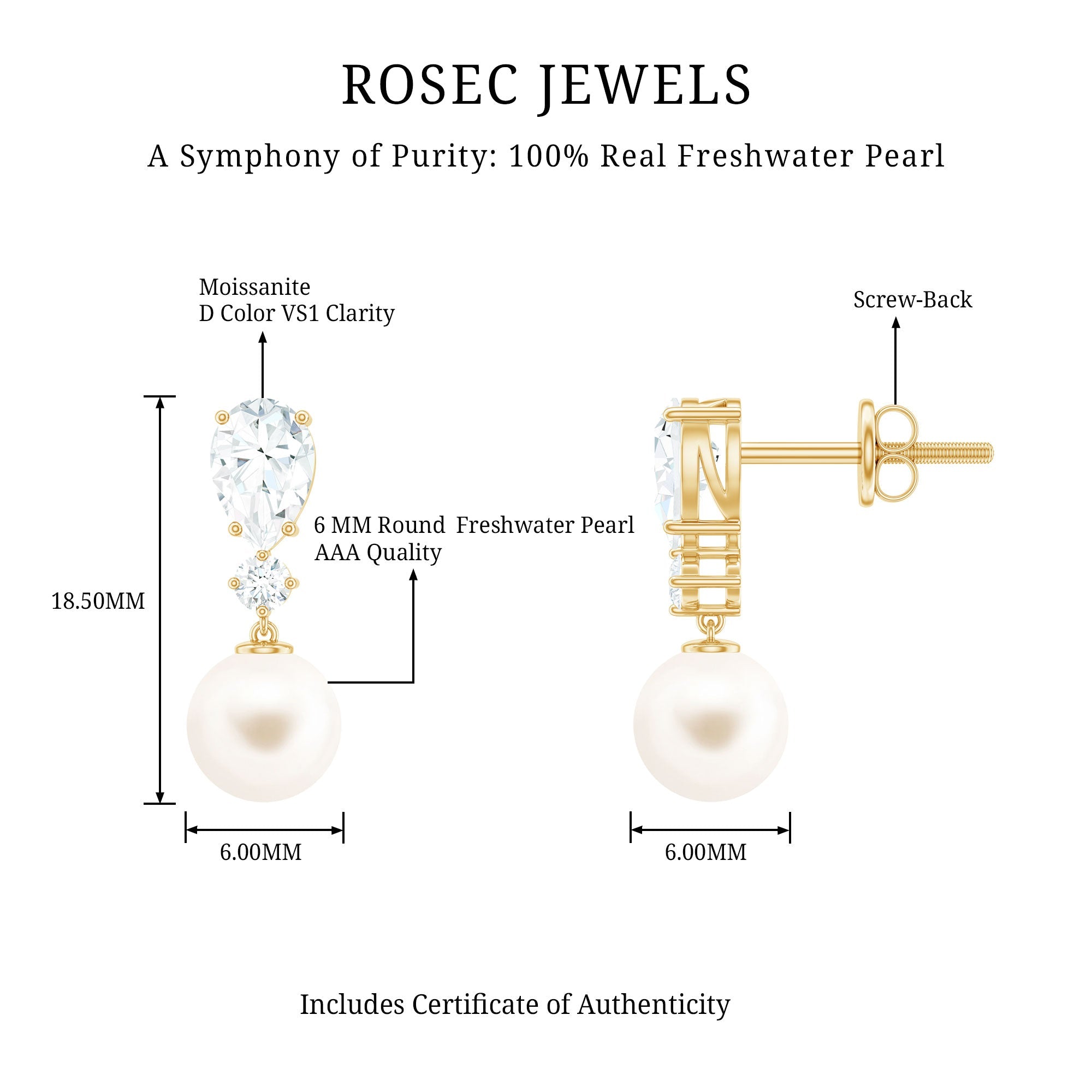 Moissanite and Freshwater Pearl Dangle Drop Earrings