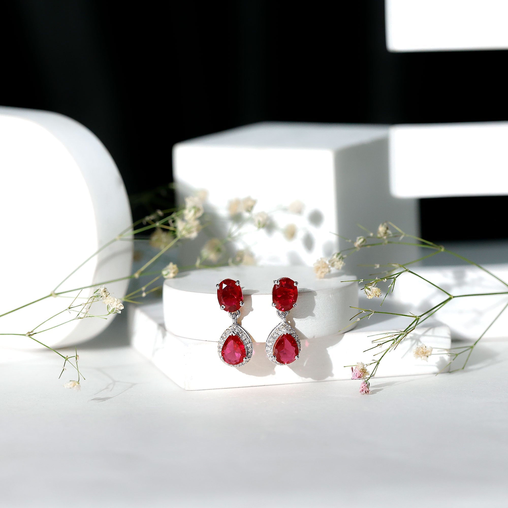4.5 CT Created Ruby and Diamond Dangle Drop Earrings