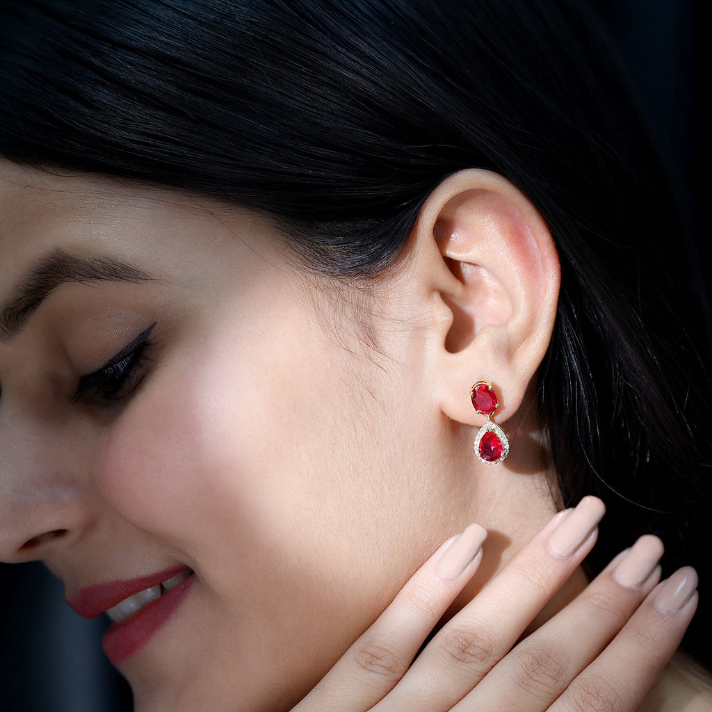 4.5 CT Created Ruby and Diamond Dangle Drop Earrings