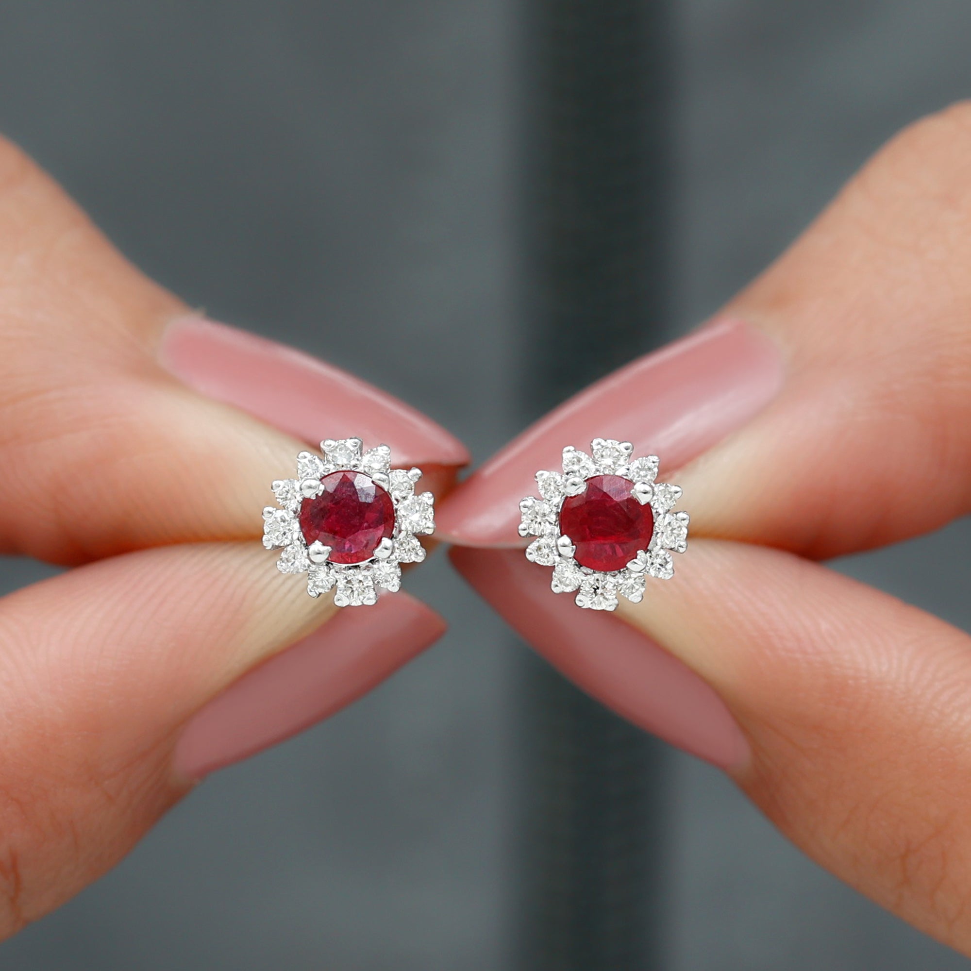Genuine Ruby Stud Earrings with Diamond Halo