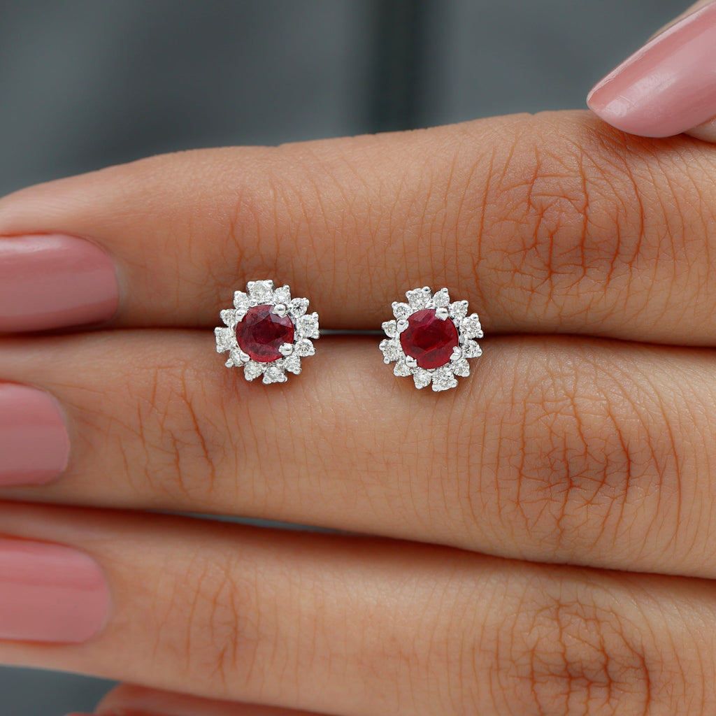 Genuine Ruby Stud Earrings with Diamond Halo