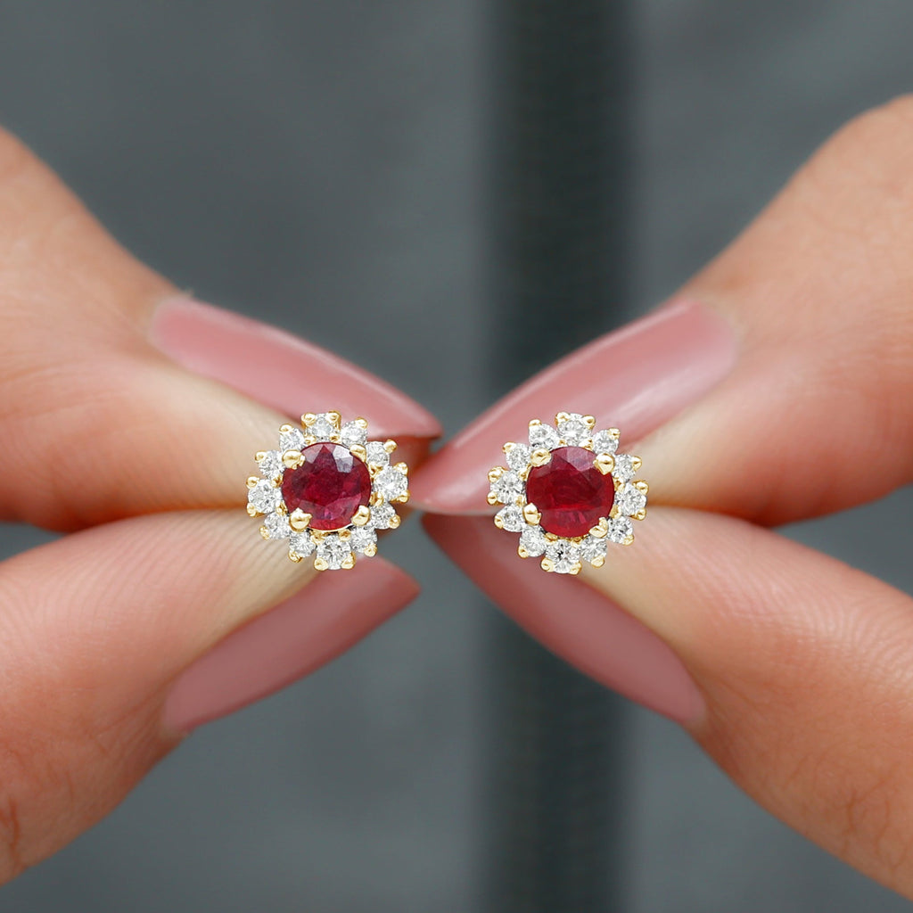 Genuine Ruby Stud Earrings with Diamond Halo