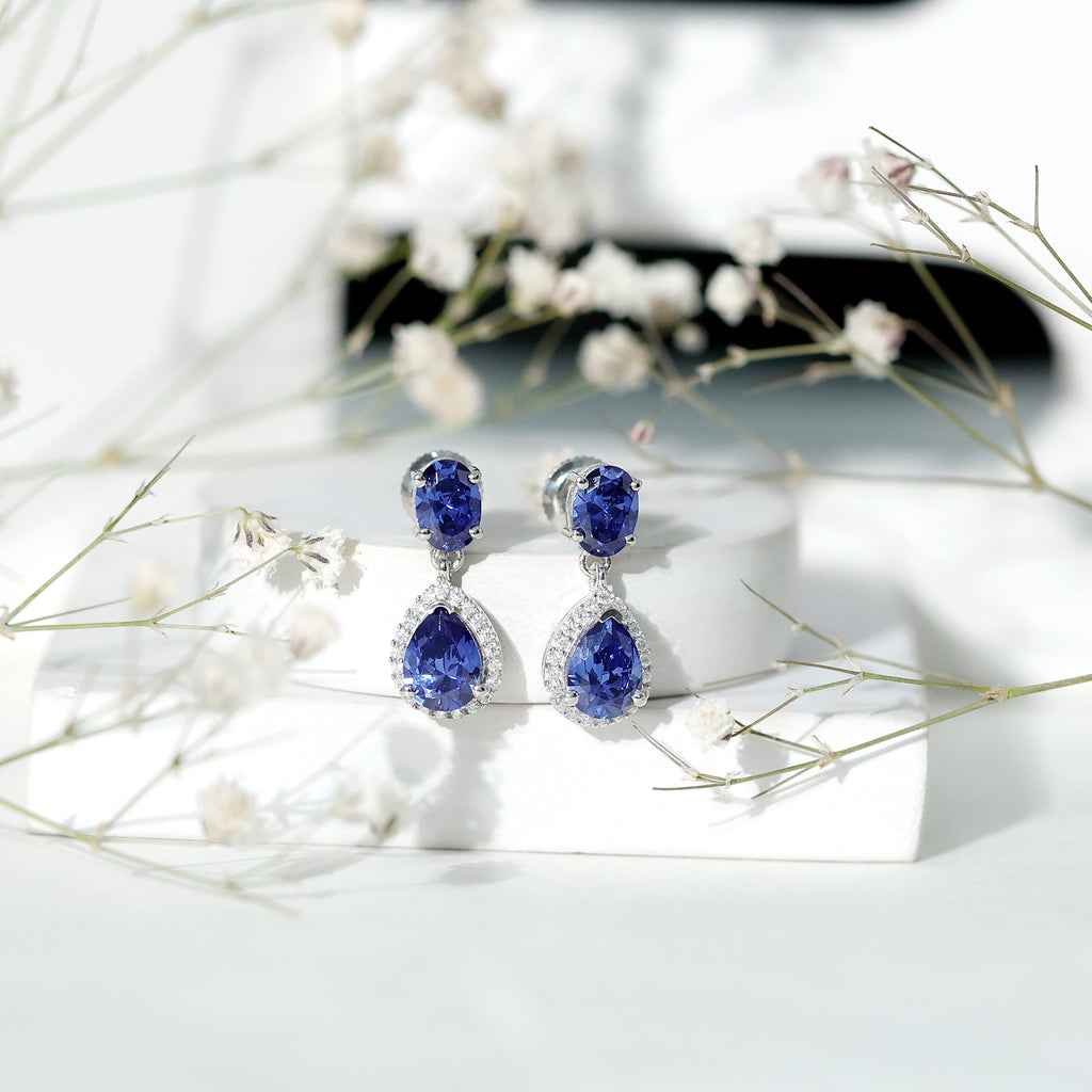 5 Carat Lab Grown Blue Sapphire Teardrop Earrings with Certificate