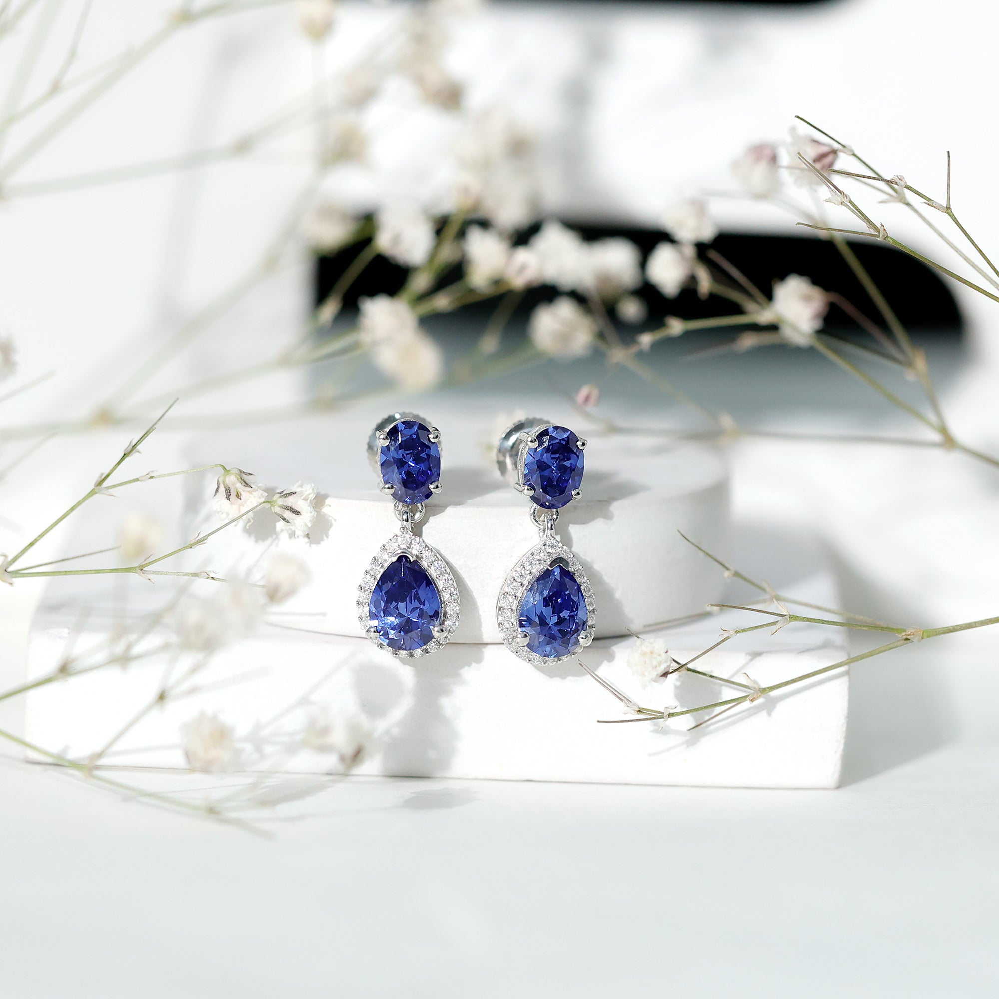 5 Carat Lab Grown Blue Sapphire Teardrop Earrings with Certificate
