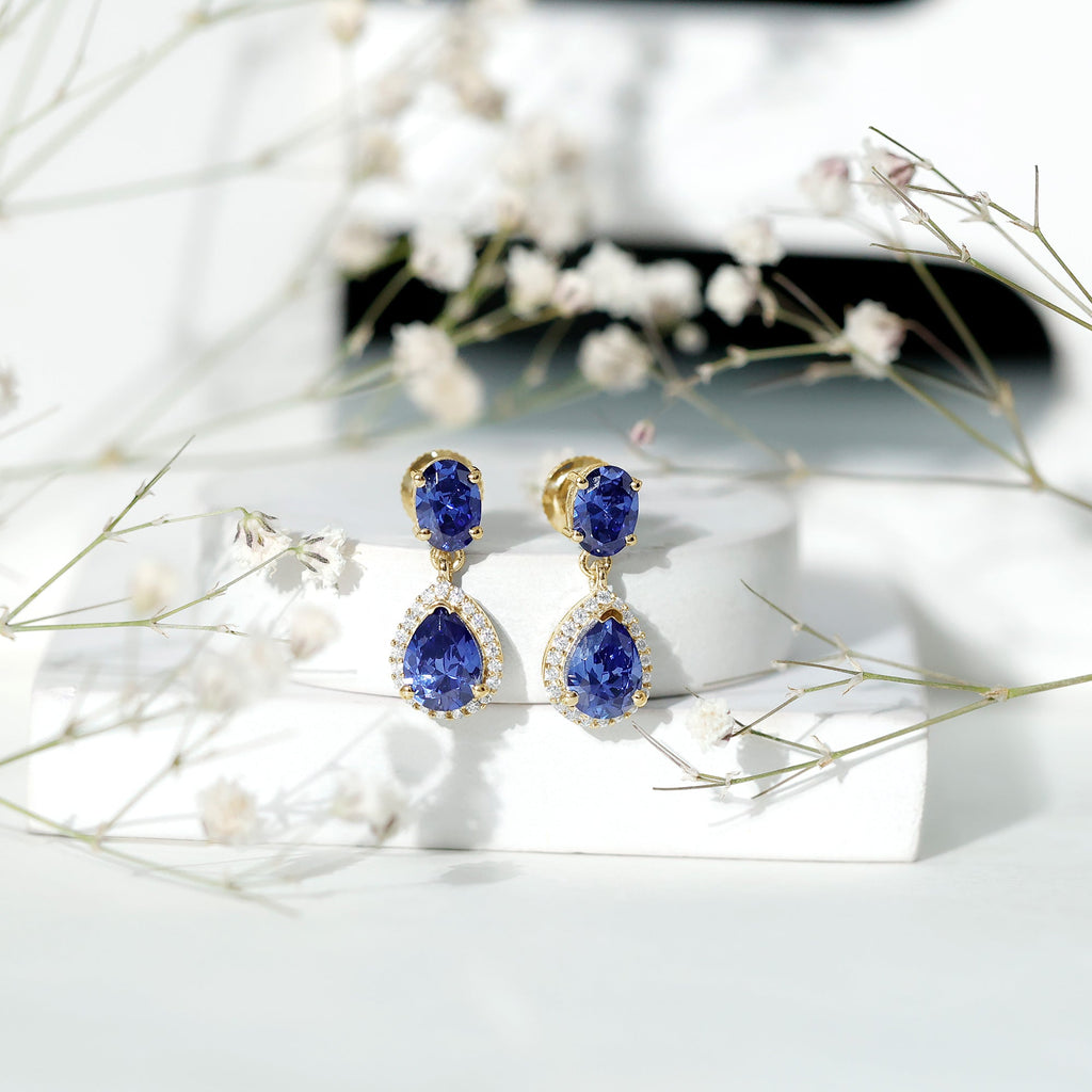 Lab Grown Blue Sapphire Bridal Dangle Earrings with Moissanite