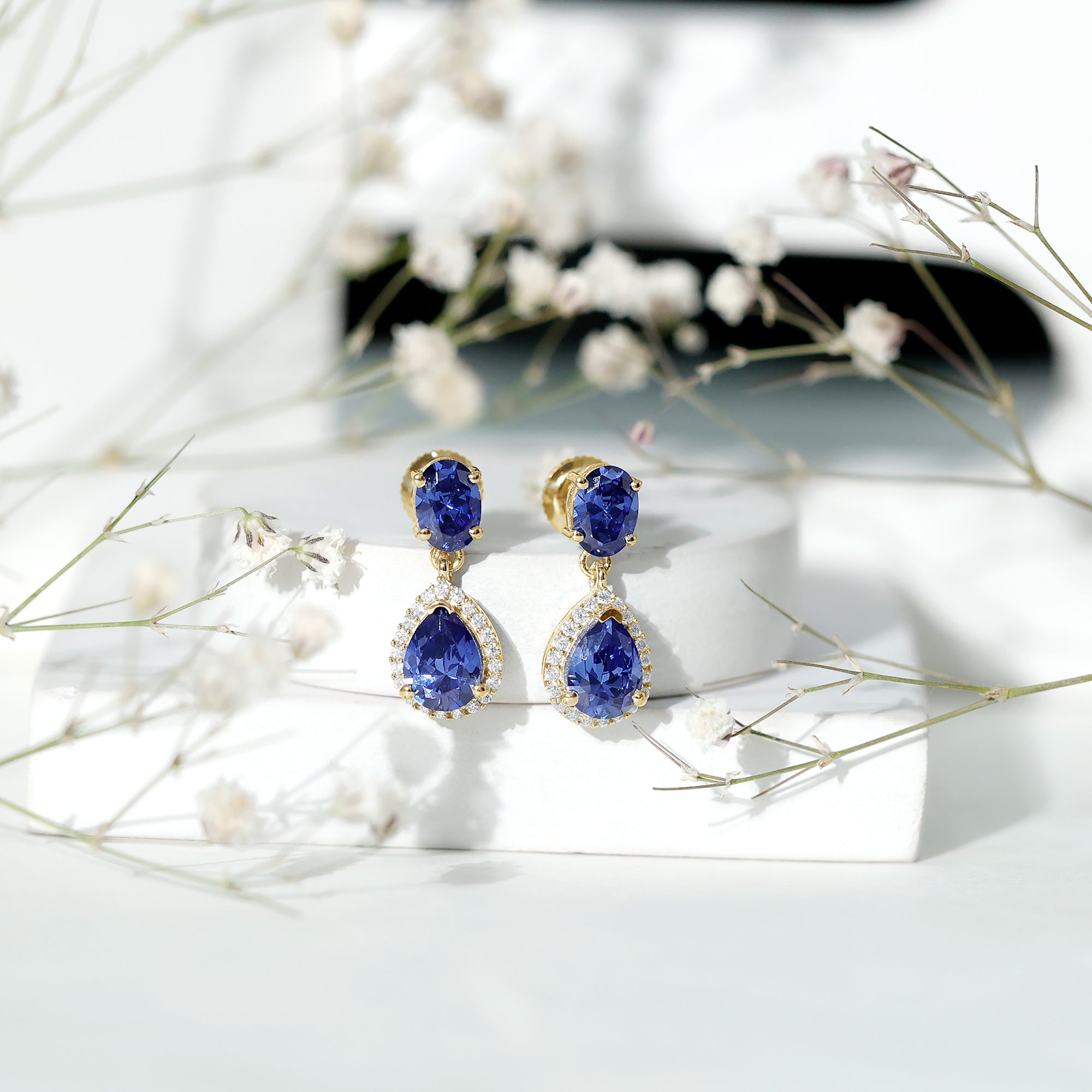 Lab Grown Blue Sapphire Bridal Dangle Earrings with Moissanite
