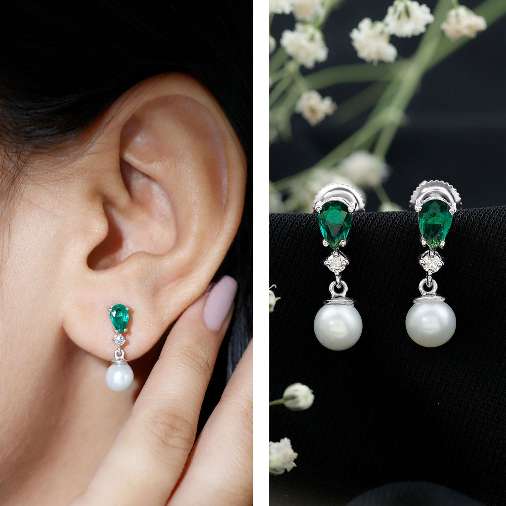 Freshwater Pearl Drop Dangle Earrings With Created Emerald