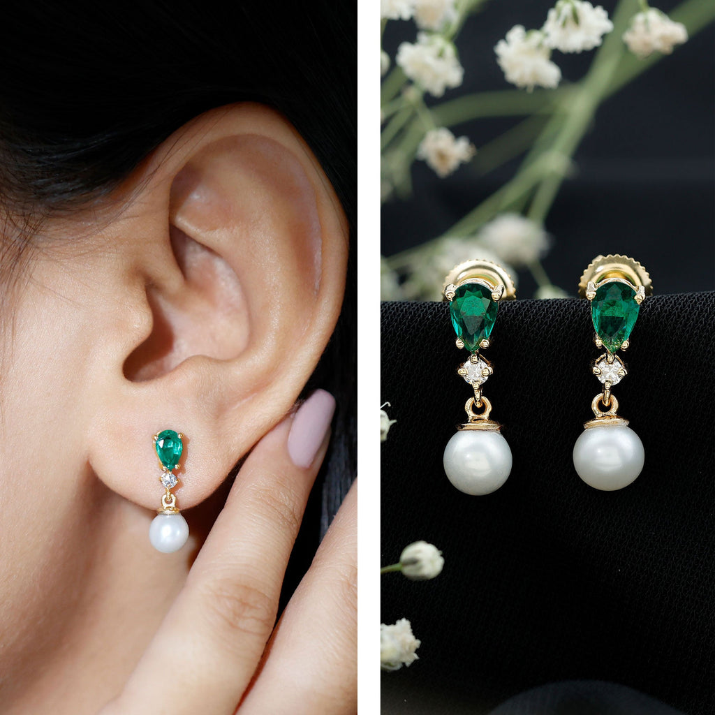 Freshwater Pearl Drop Dangle Earrings With Created Emerald