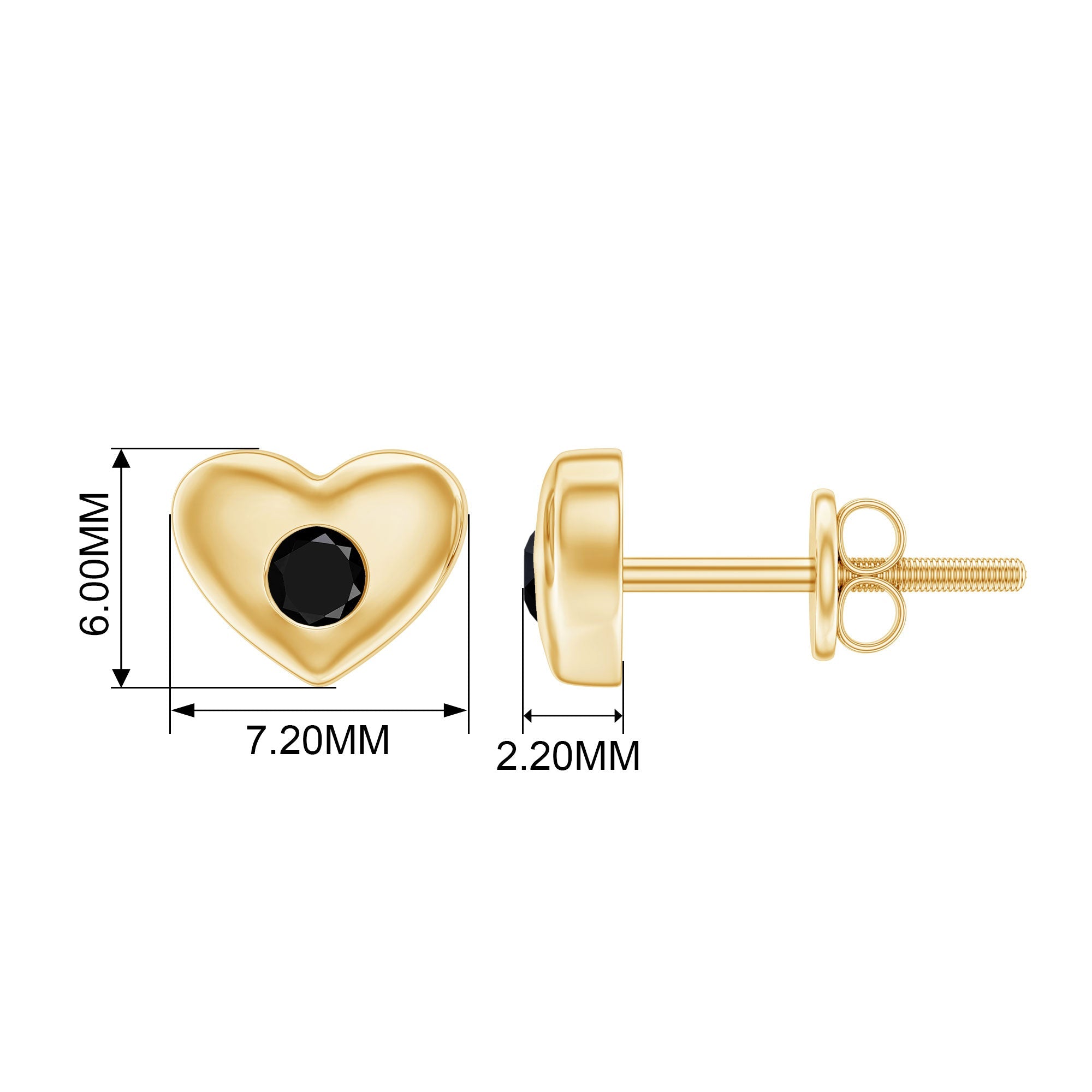 Gypsy Set Round Shape Black Spinel and Gold Heart Stud Earrings For Women