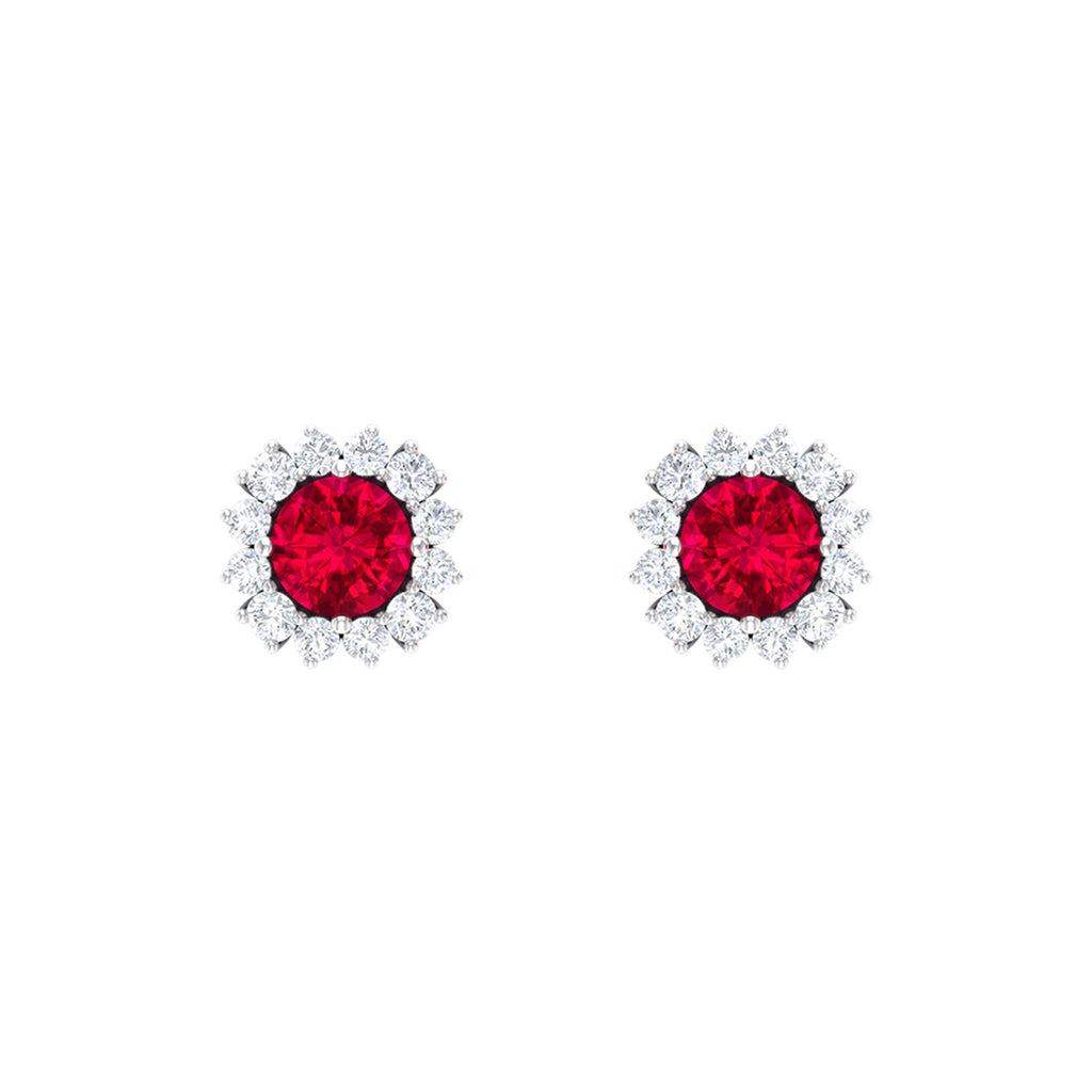 1.75 CT Lab Created Ruby Classic Stud Earring with Diamond Halo