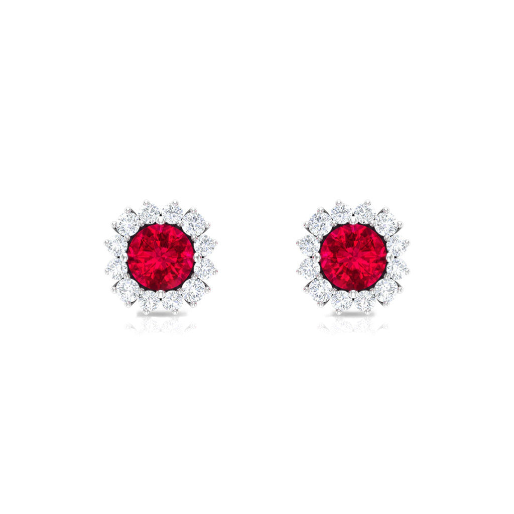 1.75 CT Lab Created Ruby Classic Stud Earring with Diamond Halo