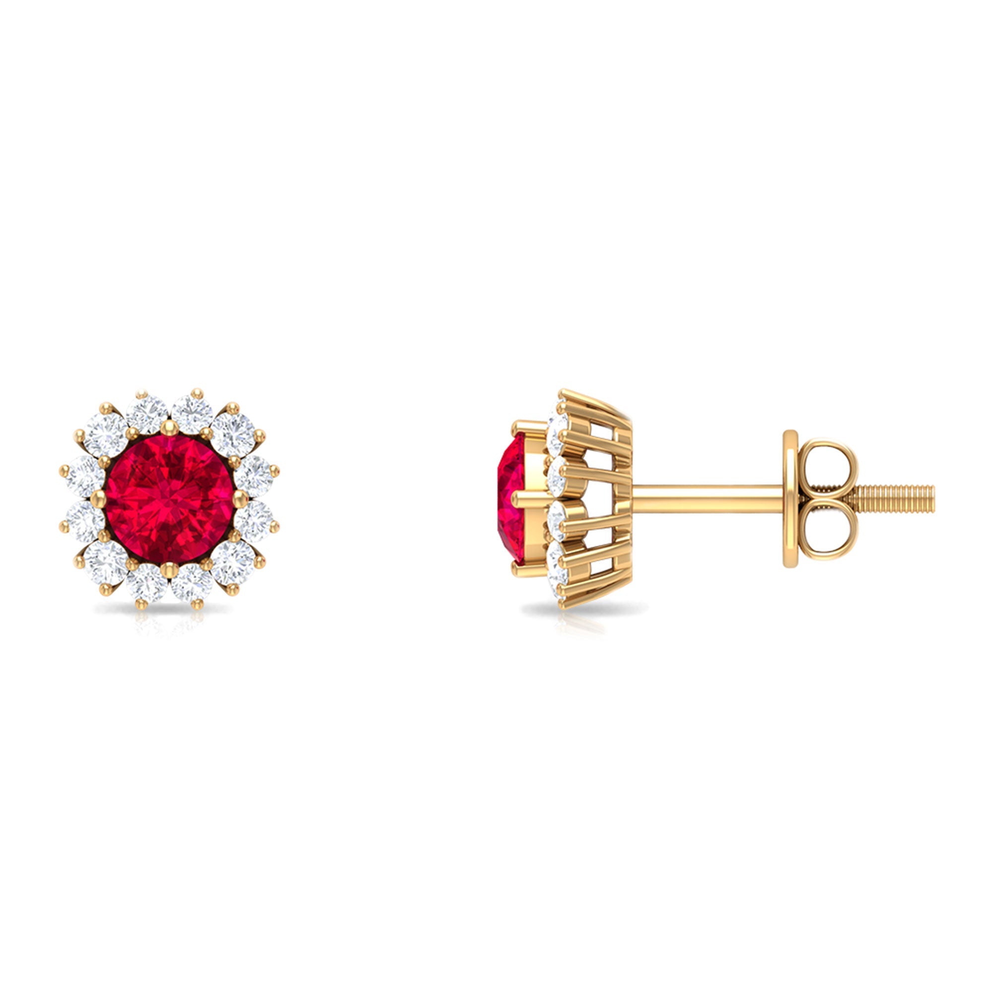 1.75 CT Lab Created Ruby Classic Stud Earring with Diamond Halo