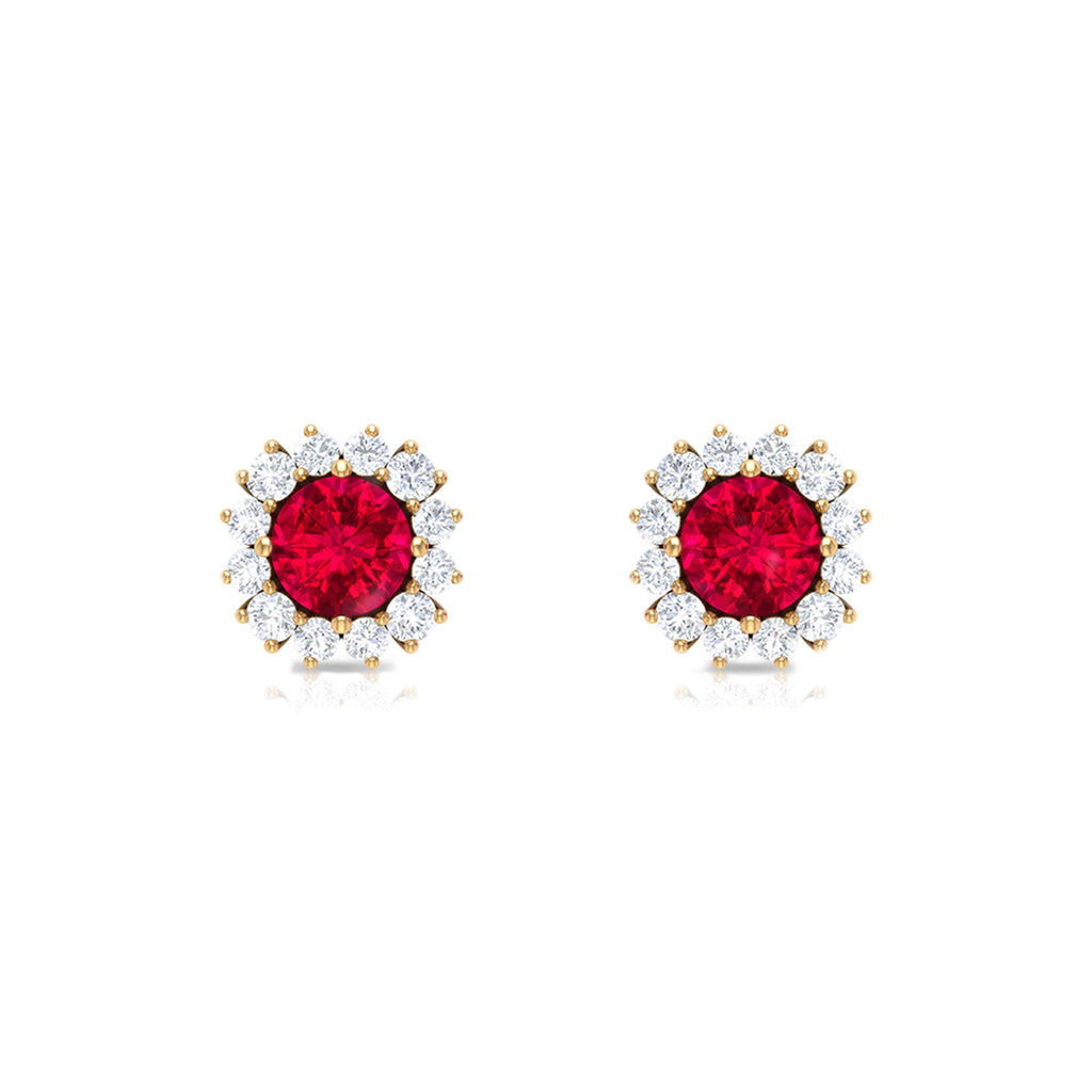 1.75 CT Lab Created Ruby Classic Stud Earring with Diamond Halo