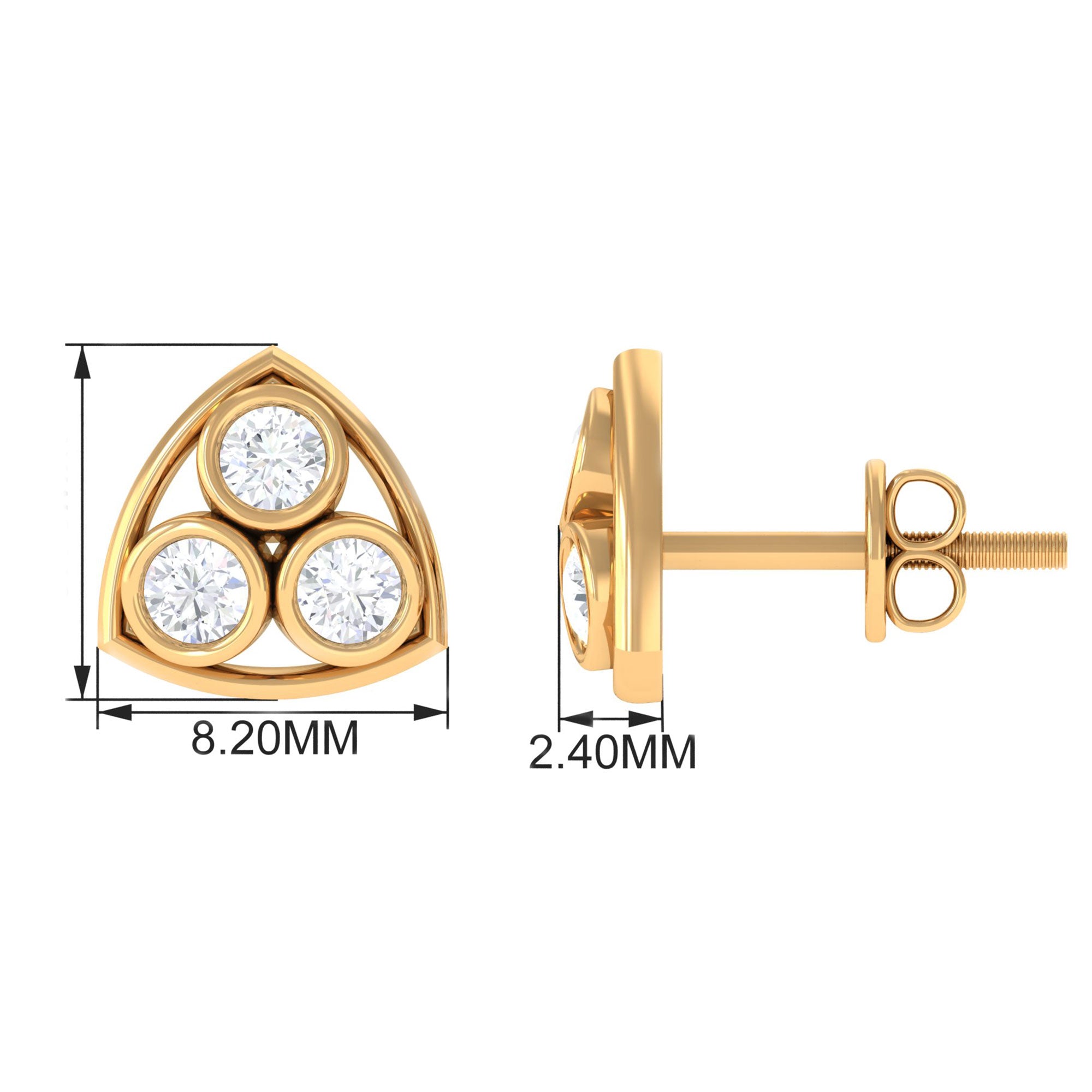 1/2 CT Bezel Set Round Diamond Three Stone Stud Earrings in Gold