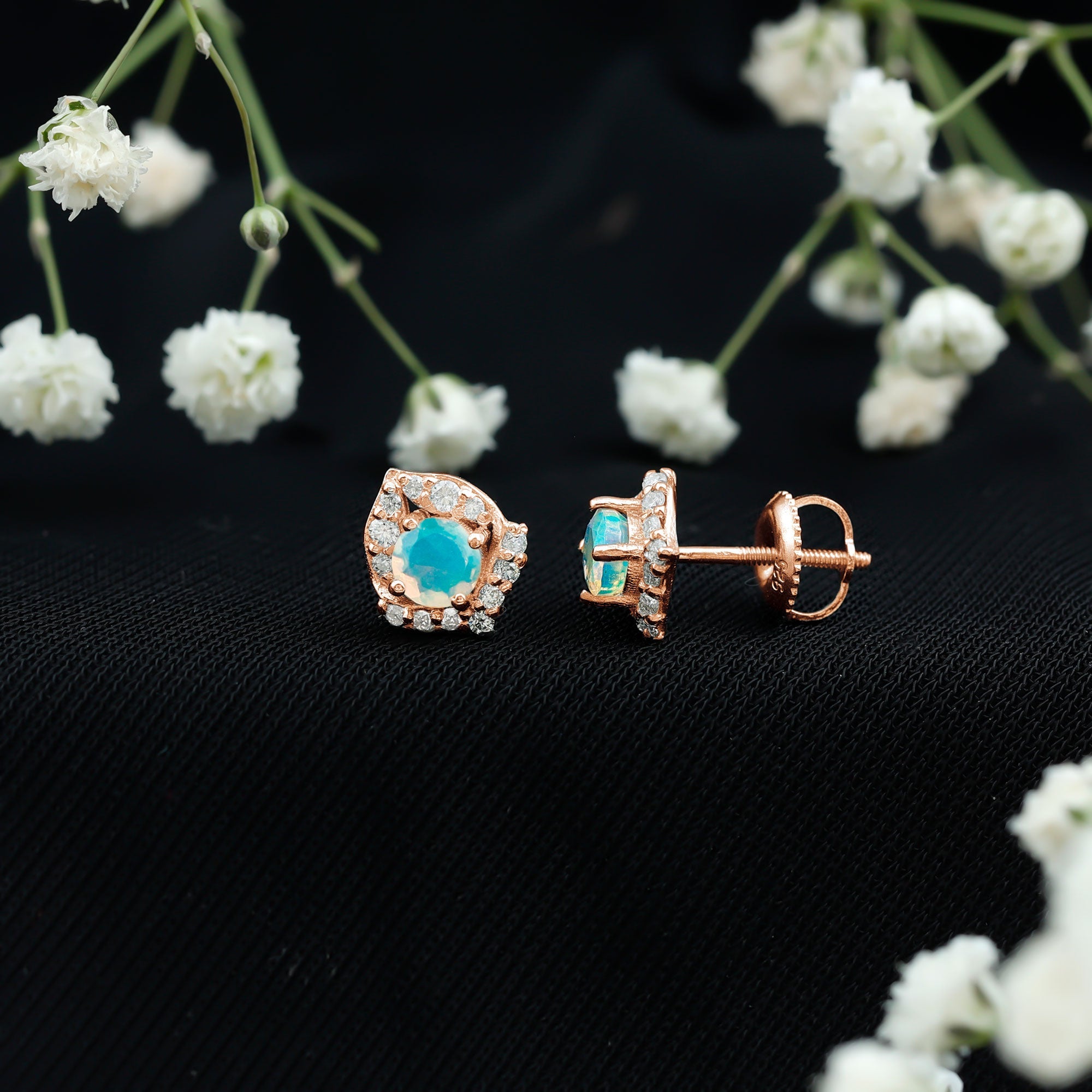 Vintage inspired Ethiopian Opal Stud Earrings with Moissanite Accent