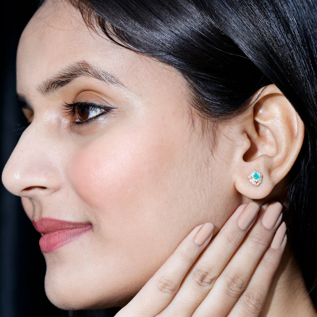 Vintage inspired Ethiopian Opal Stud Earrings with Moissanite Accent