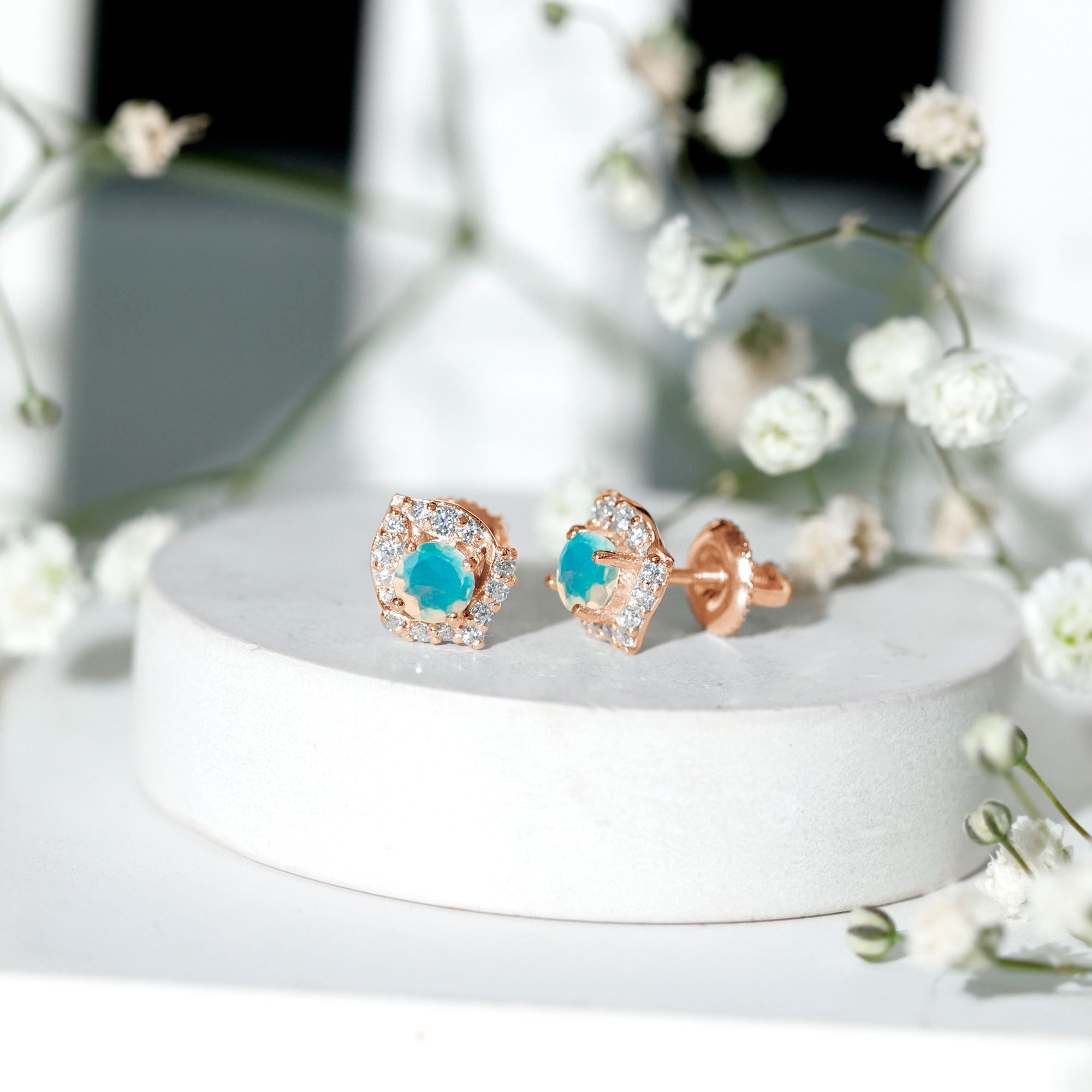 Vintage inspired Ethiopian Opal Stud Earrings with Moissanite Accent