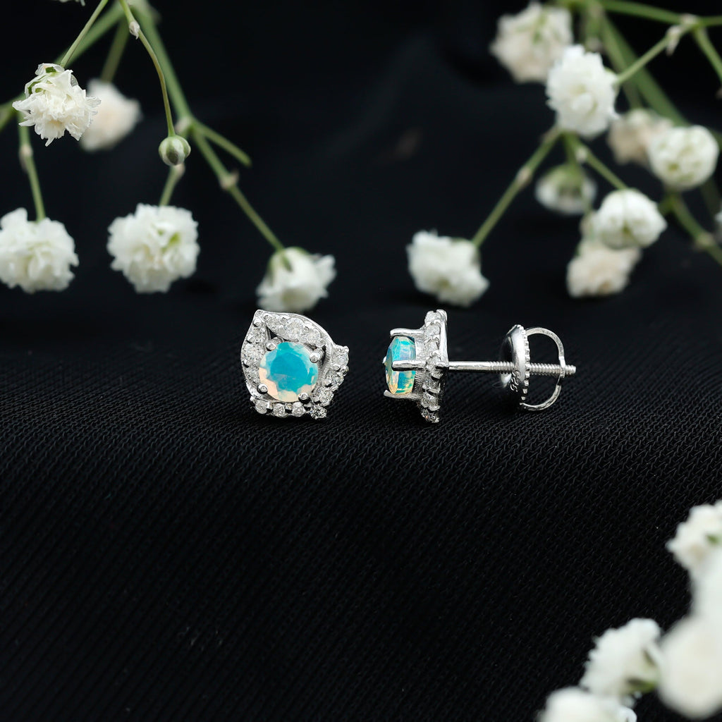Vintage inspired Ethiopian Opal Stud Earrings with Moissanite Accent