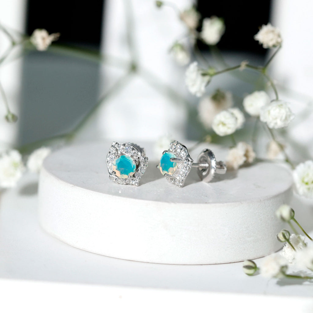 Vintage inspired Ethiopian Opal Stud Earrings with Moissanite Accent