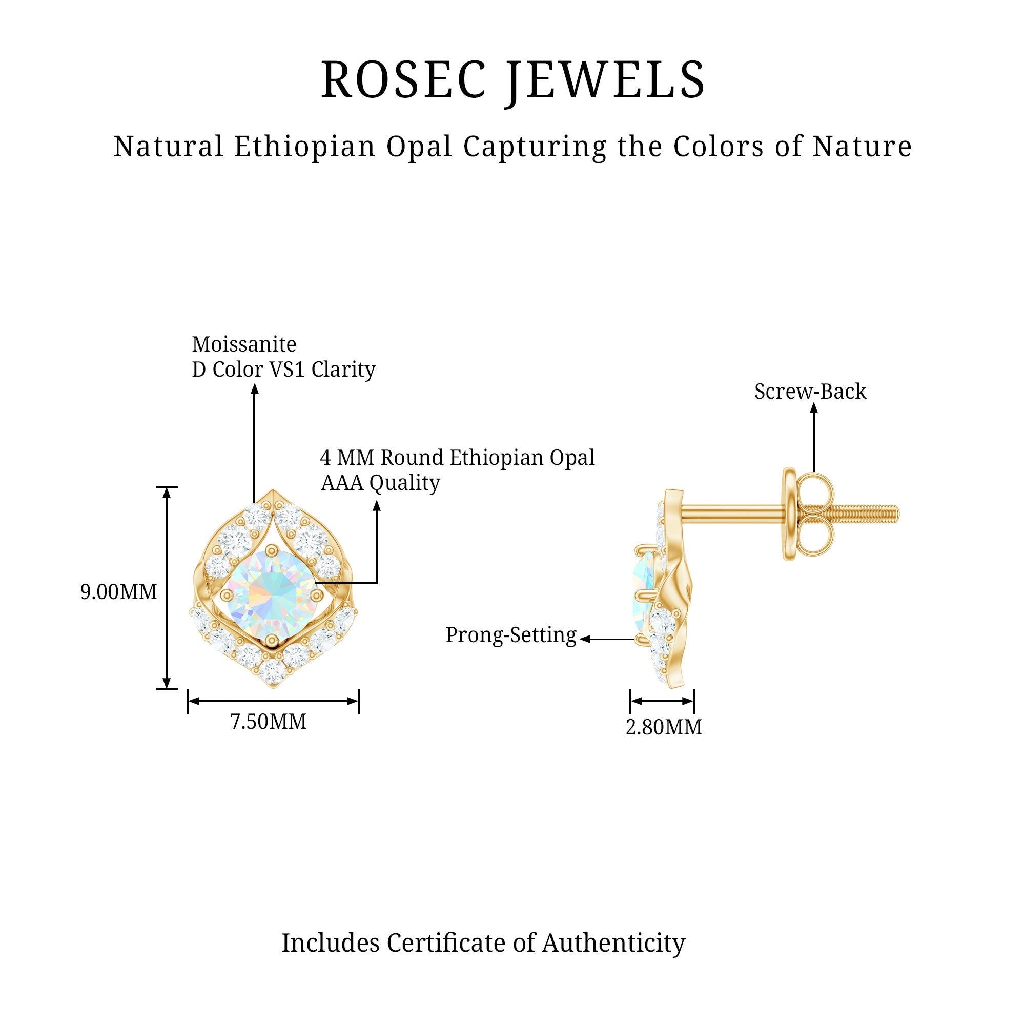 Vintage inspired Ethiopian Opal Stud Earrings with Moissanite Accent