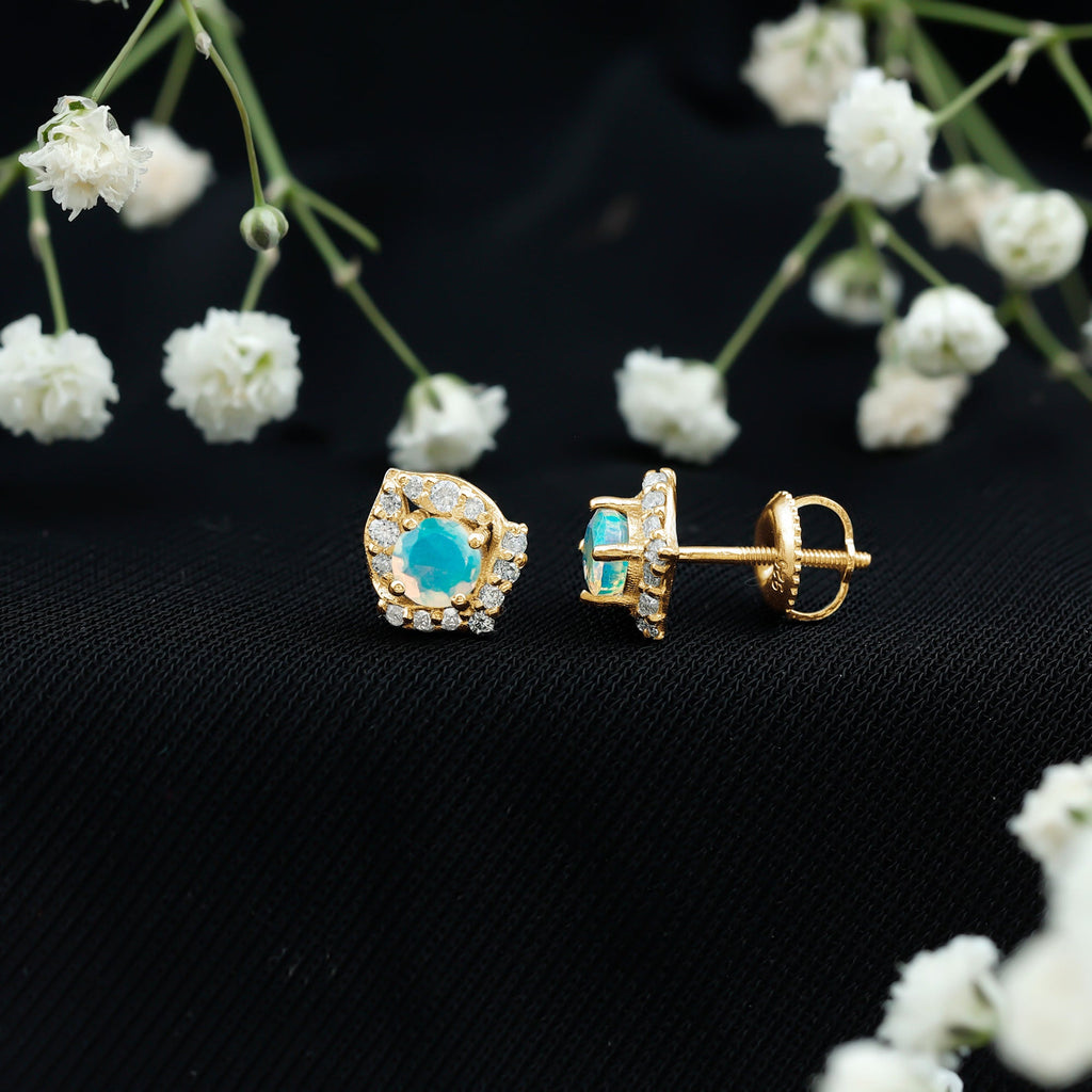 Vintage inspired Ethiopian Opal Stud Earrings with Moissanite Accent