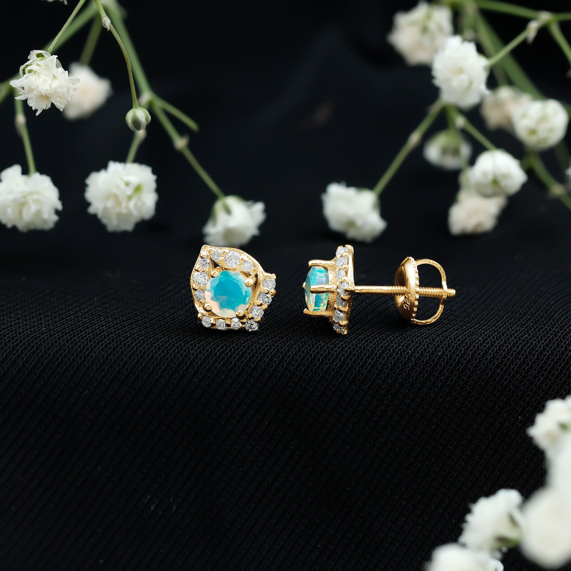 Vintage inspired Ethiopian Opal Stud Earrings with Moissanite Accent