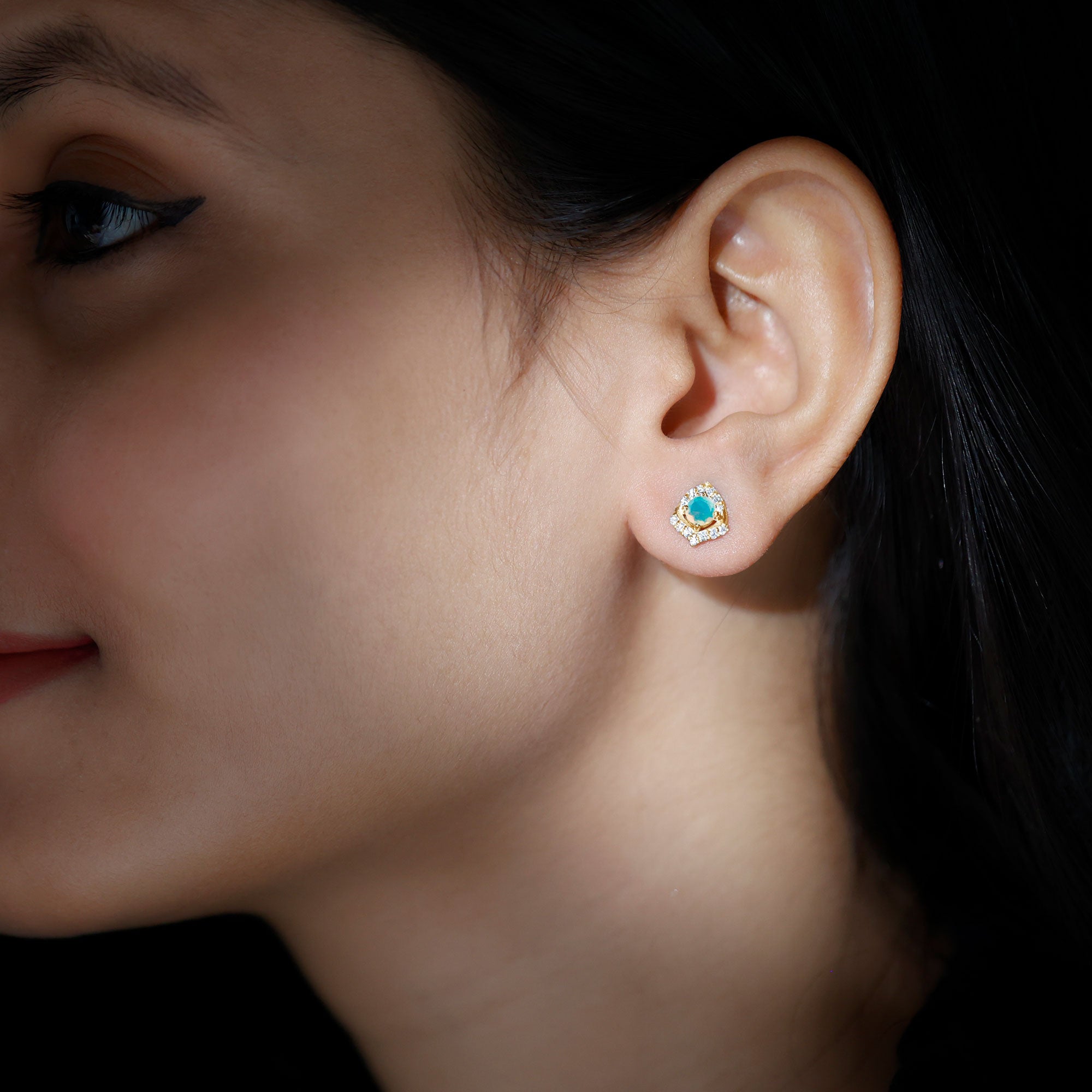 Vintage inspired Ethiopian Opal Stud Earrings with Moissanite Accent