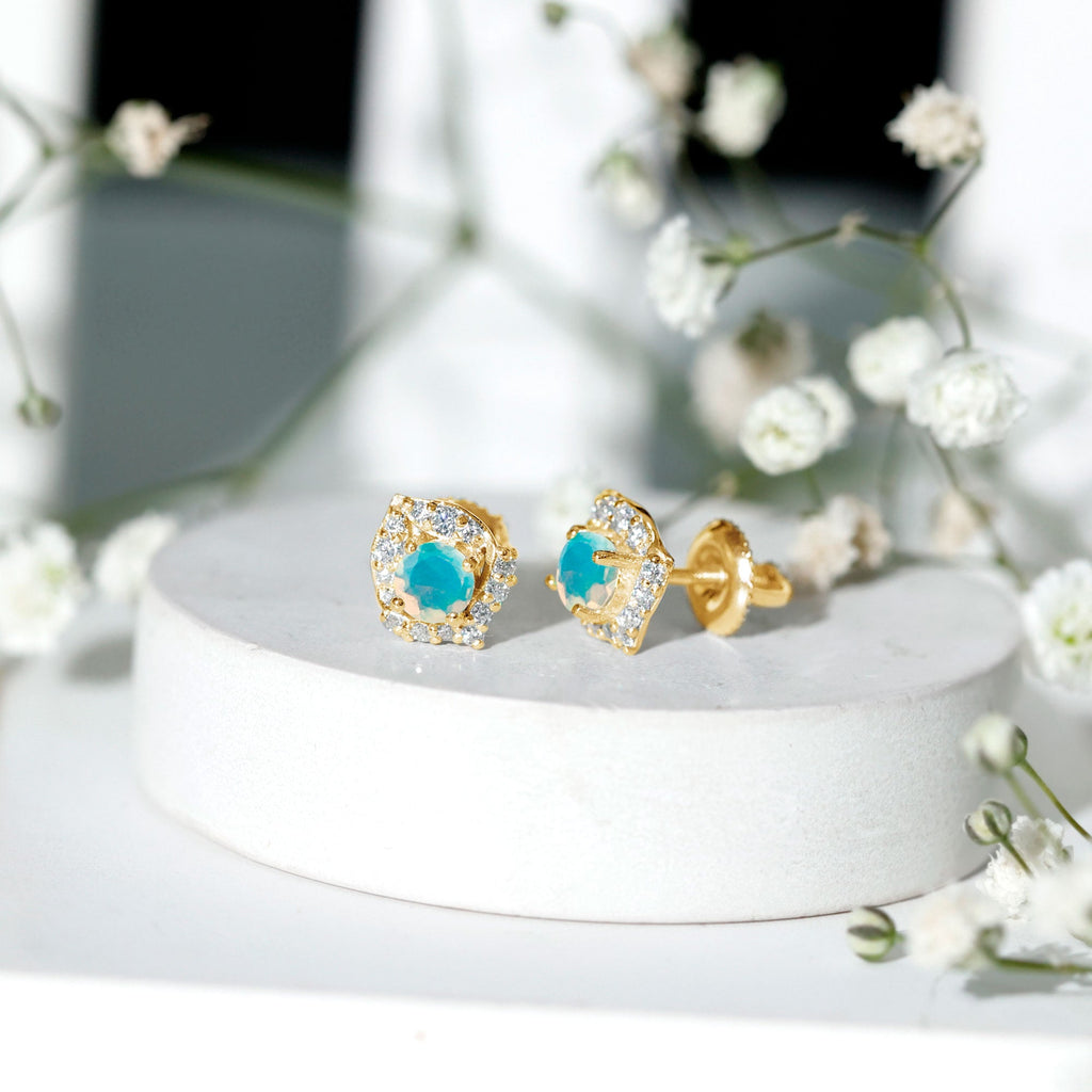 Vintage inspired Ethiopian Opal Stud Earrings with Moissanite Accent