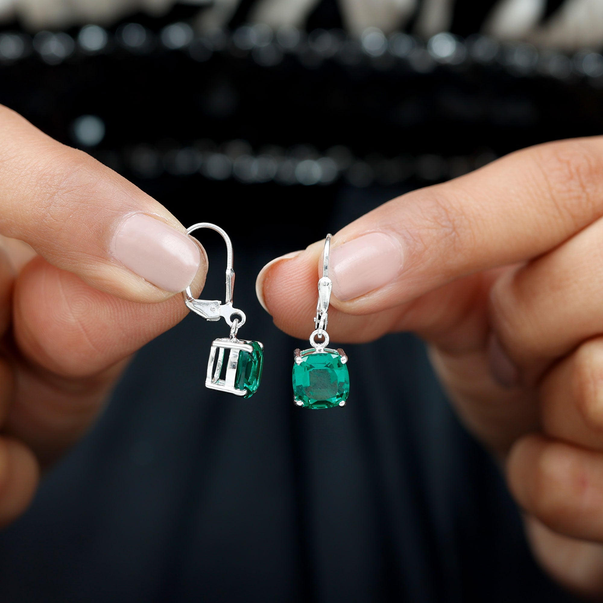 Cushion Cut Lab Created Emerald Dangle Hoop Earrings