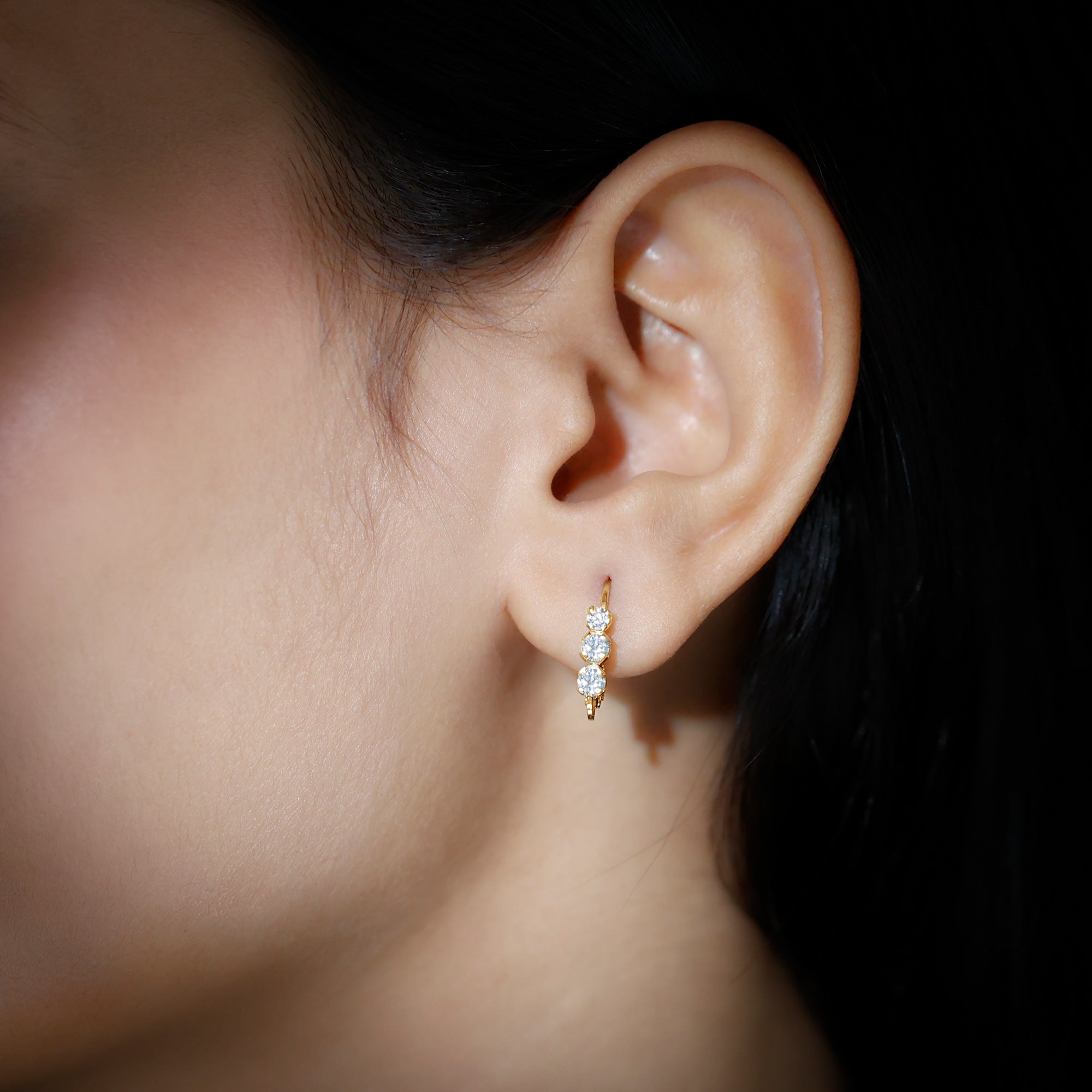 Round Moissanite Three Stone Hoop Earrings with Lever Back