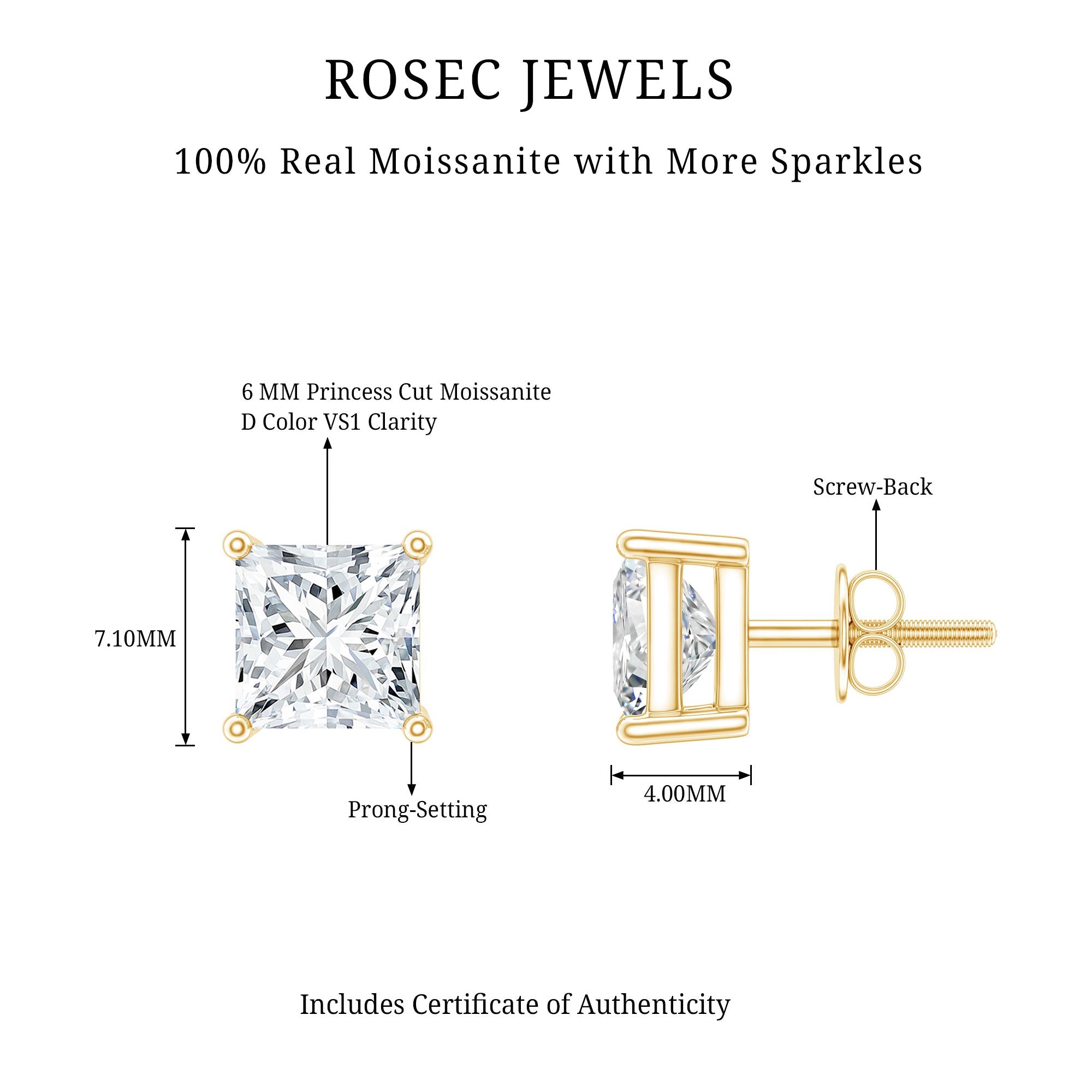 6MM Solitaire Princess Cut Moissanite Stud Earrings