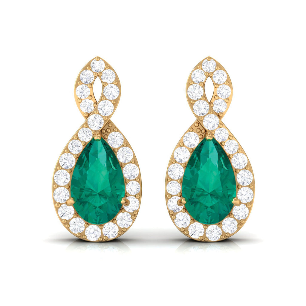 Natural Pear Shaped Emerald Diamond Infinity Stud Earrings
