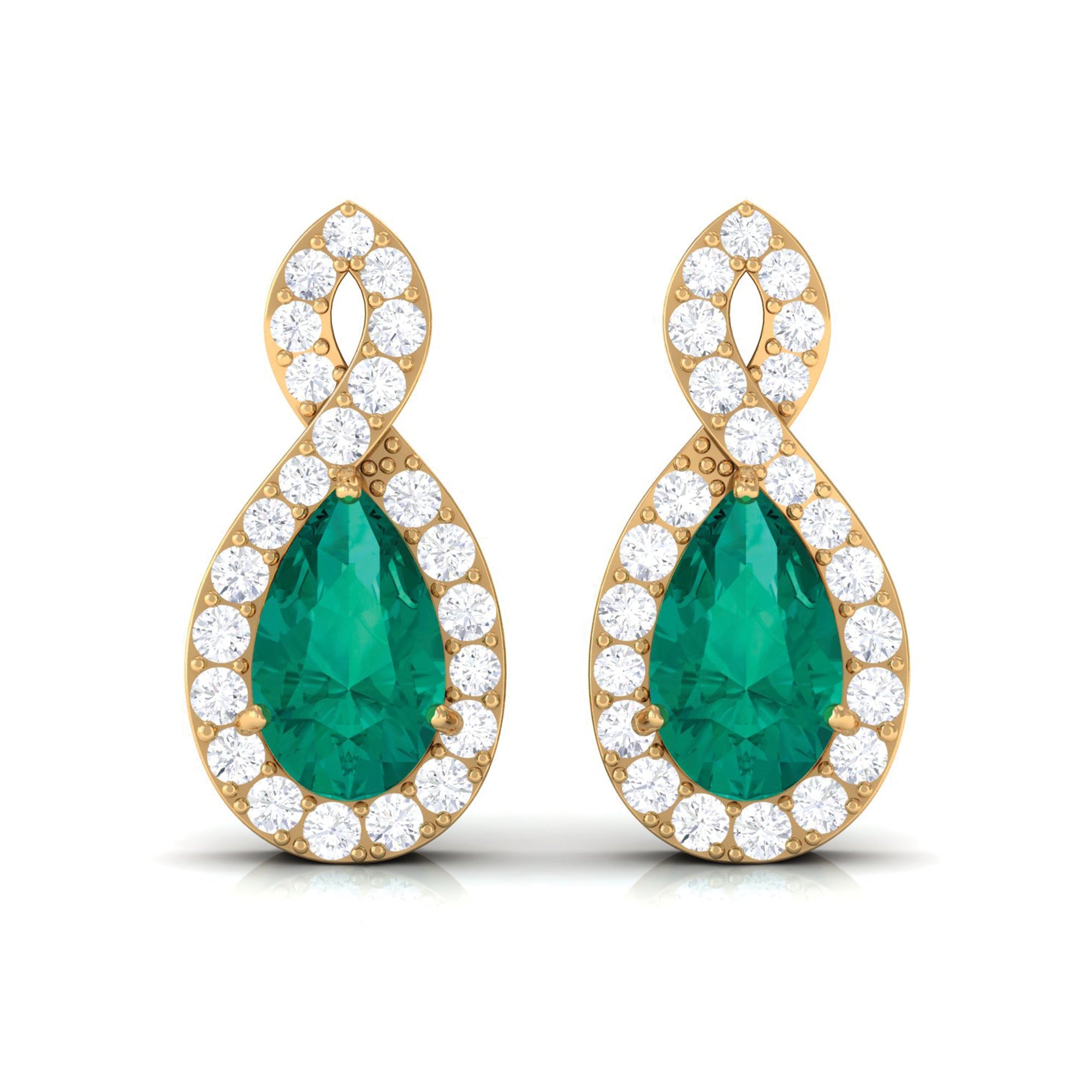 Natural Pear Shaped Emerald Diamond Infinity Stud Earrings