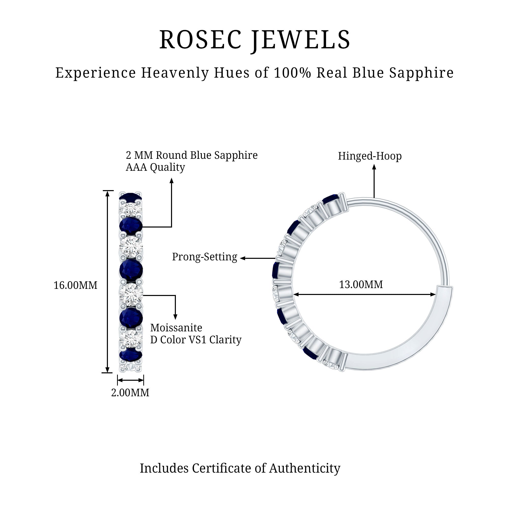 Genuine Blue Sapphire Hoop Earrings with Certificate