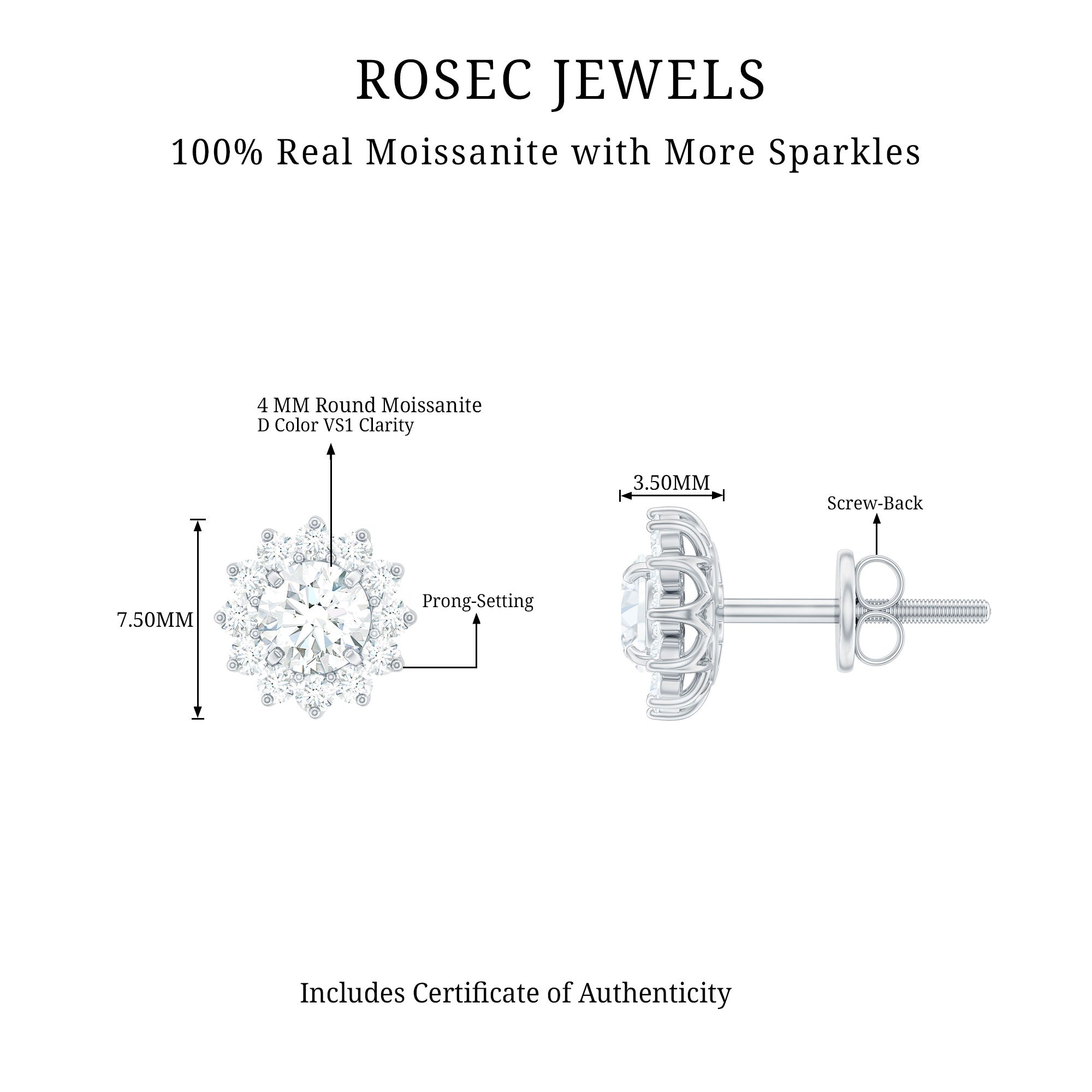 Certified Round Cut Moissanite Halo Stud Earrings for Women