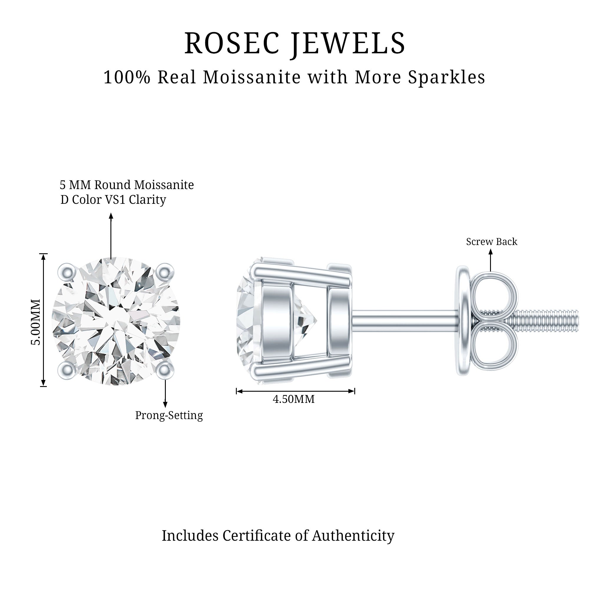 5 MM Round Moissanite Solitaire Screw Back Stud Earrings