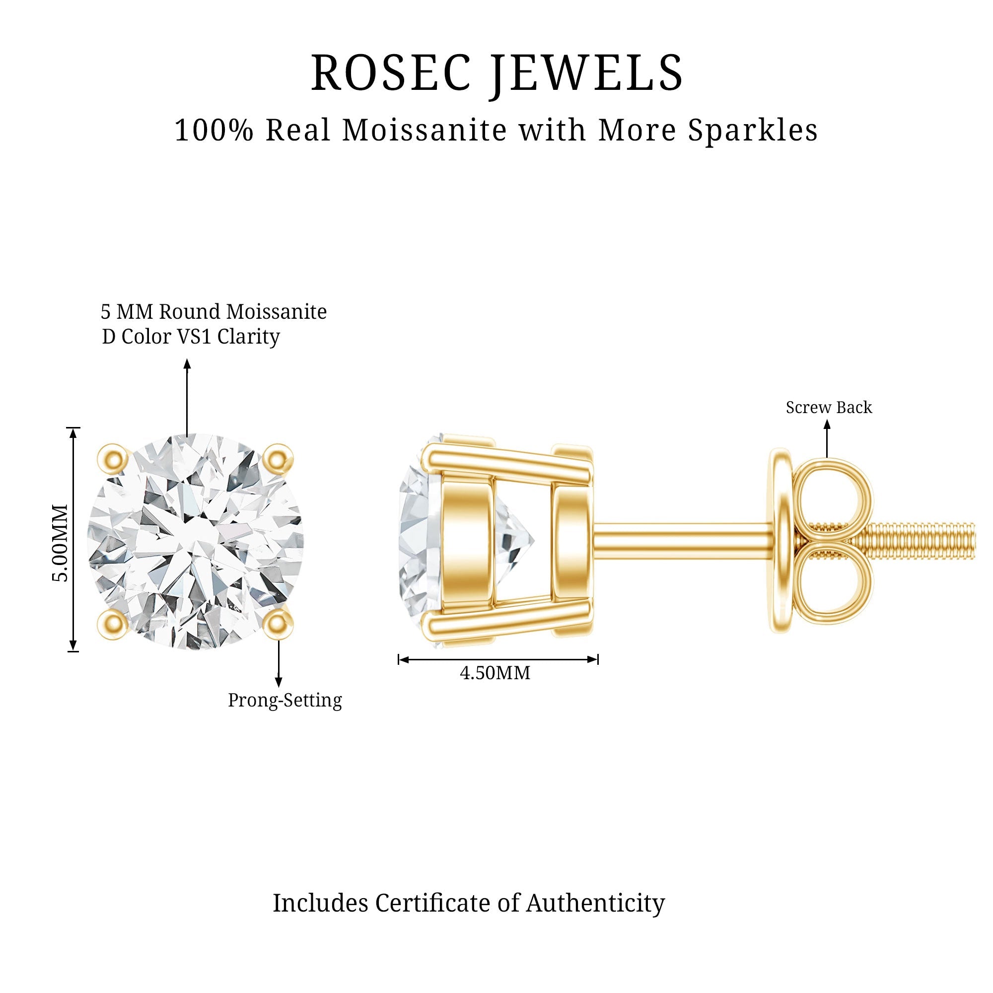5 MM Round Moissanite Solitaire Screw Back Stud Earrings