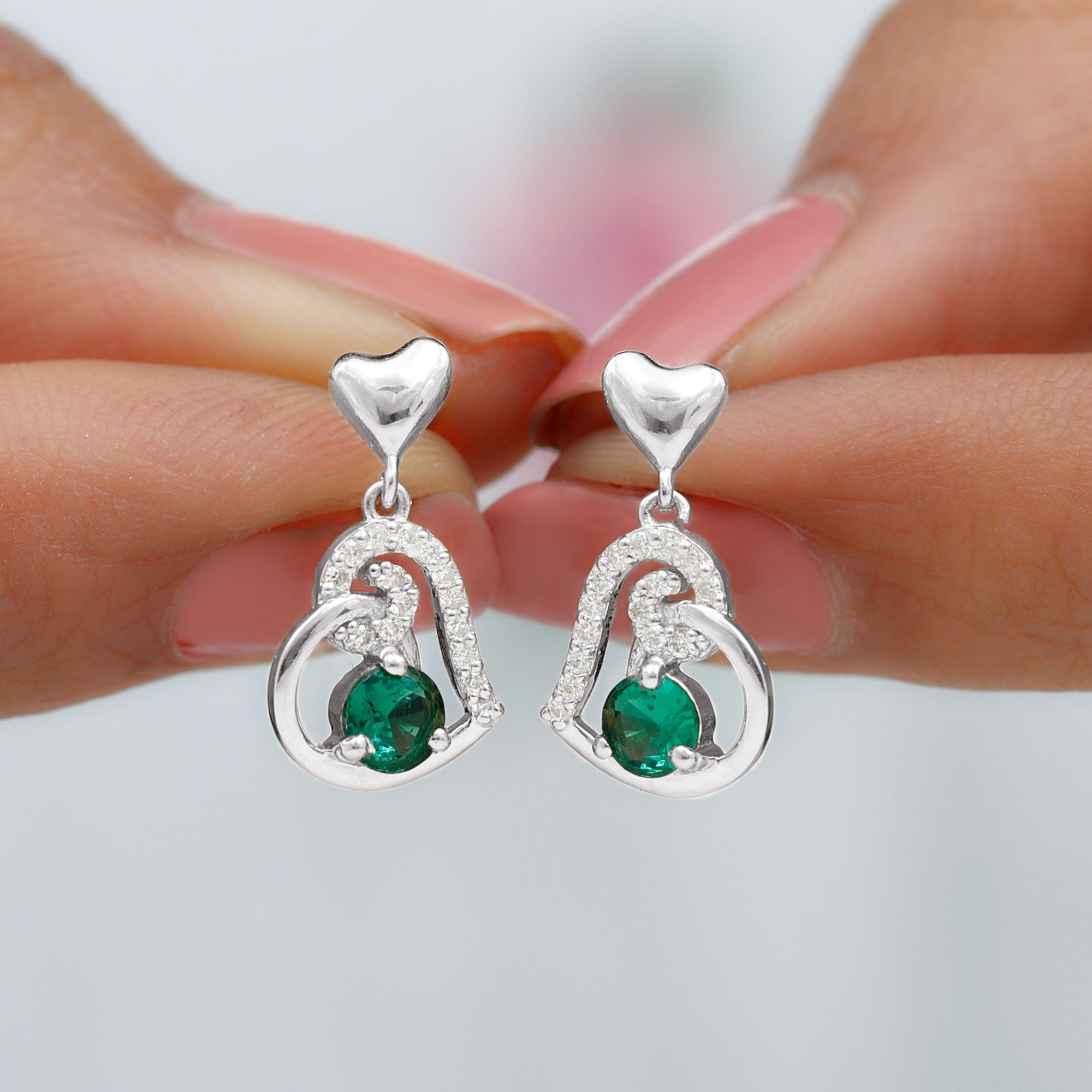 Lab Created Emerald Heart Drop Earrings with Diamonds